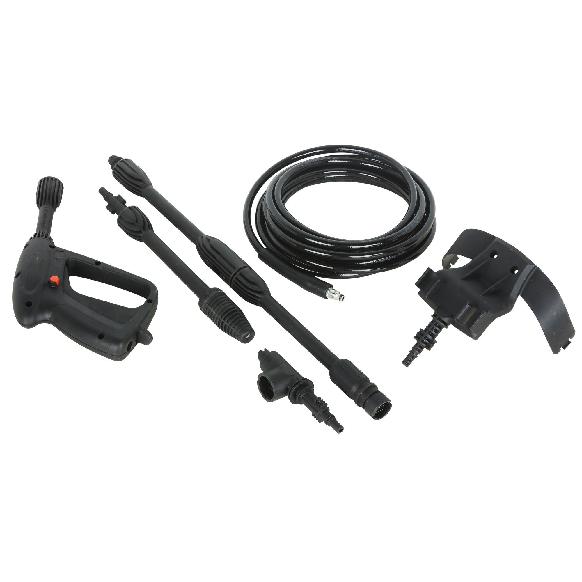 BLACKDECKER PW1570TD pressure washer accessory kit, black components, front angle, white background.
