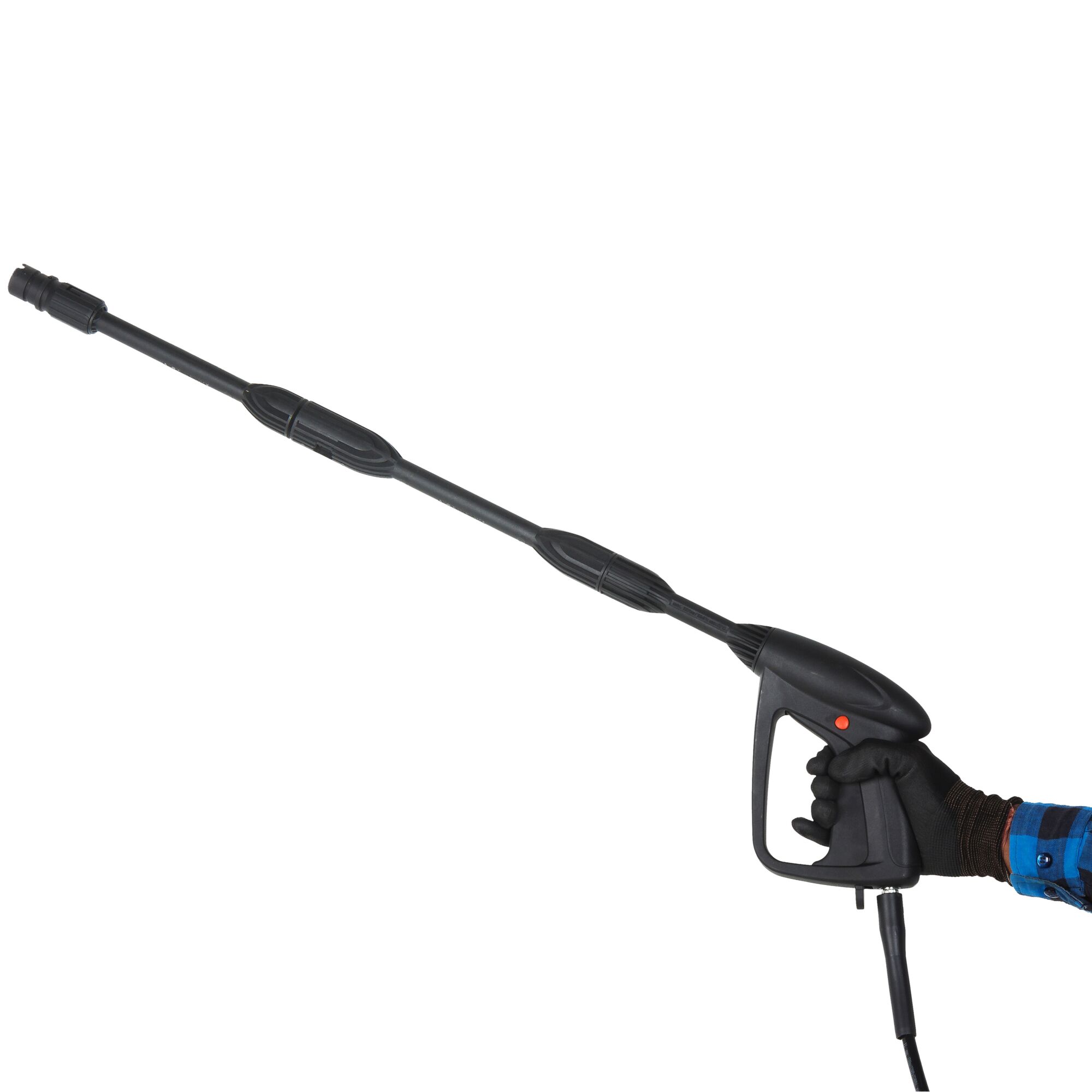 BLACKDECKER PW1570TD black pressure washer lance held by gloved hand, right side angle, white background.