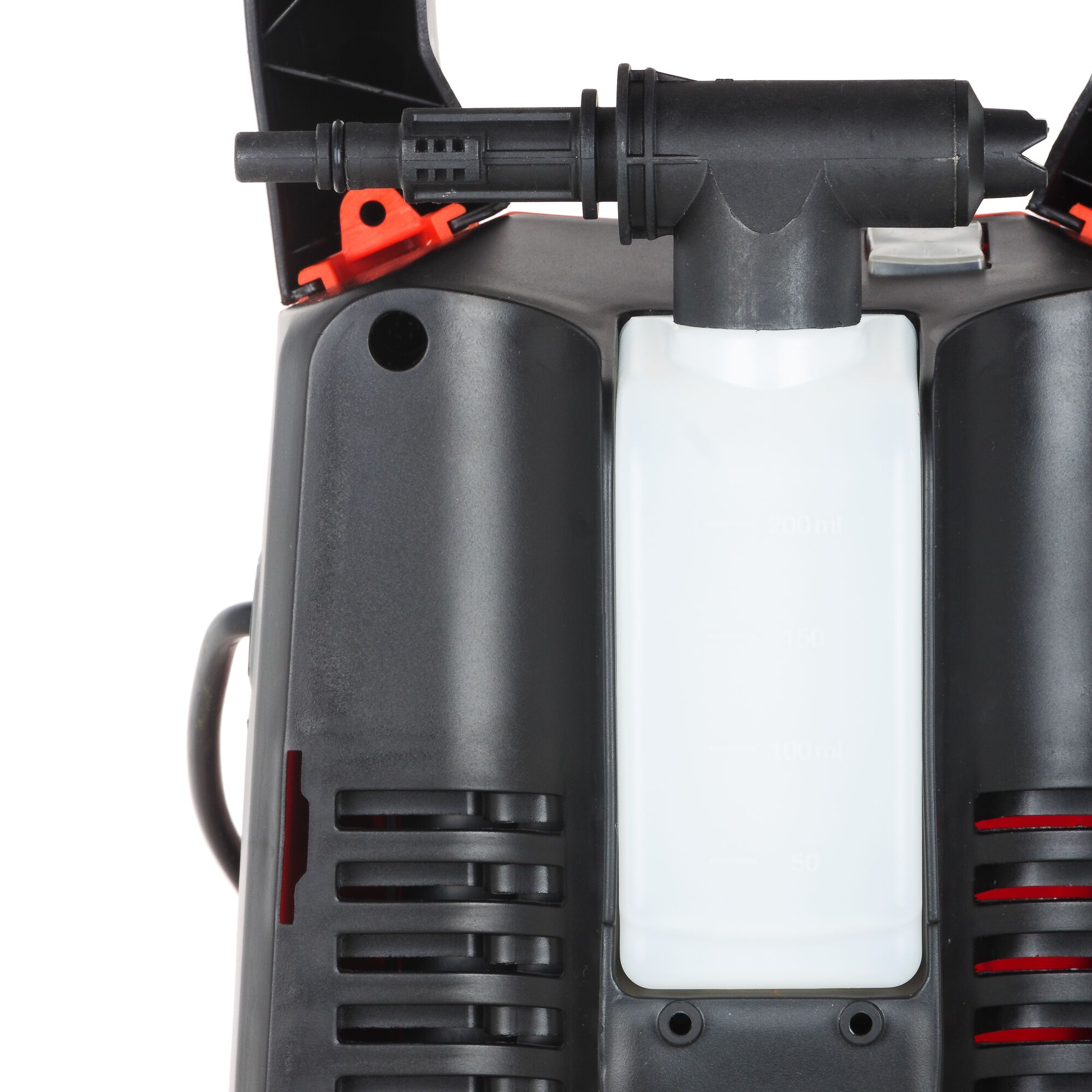 BLACKDECKER PW1570TD pressure washer detail showing black body and white detergent tank, front angle.