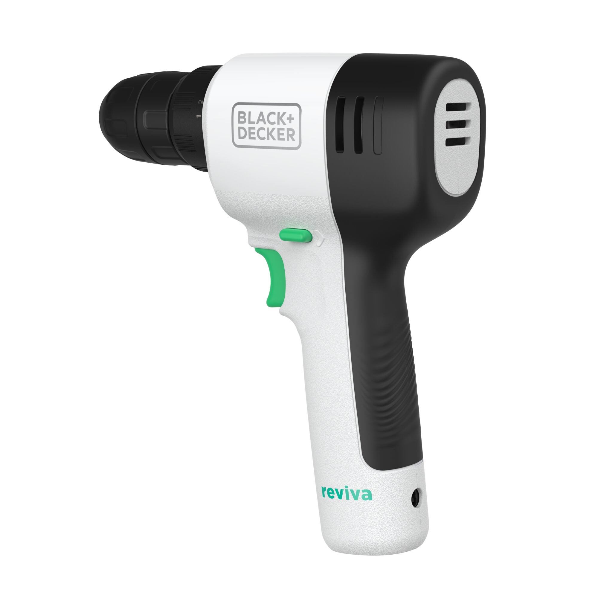 BLACKDECKER REVDD12C cordless drill, black and white with green accents, side angle on white background.