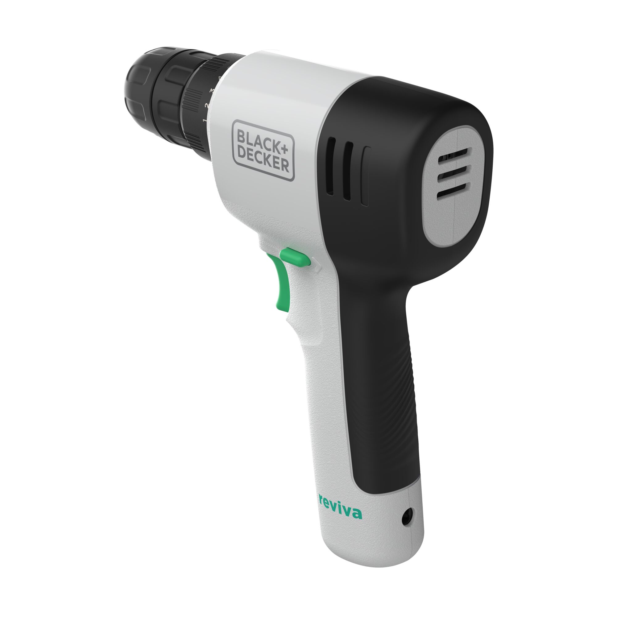 BLACKDECKER REVDD12C cordless drill, white and black design, green trigger, side angle, product photography
