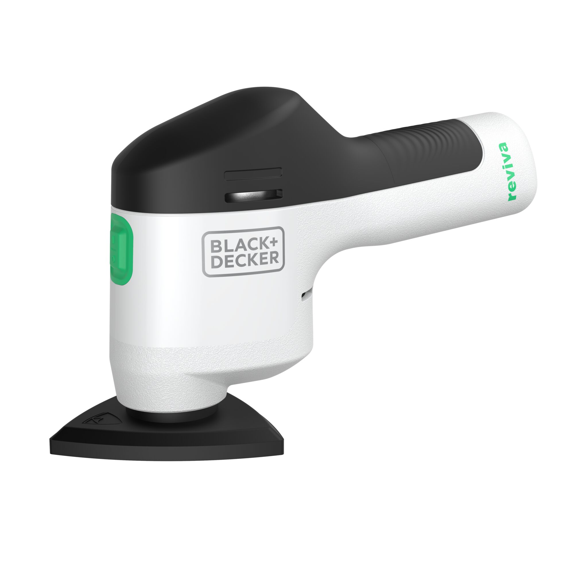 BLACK+DECKER REVDS12C compact cordless sander, white and black, front angled view, photography