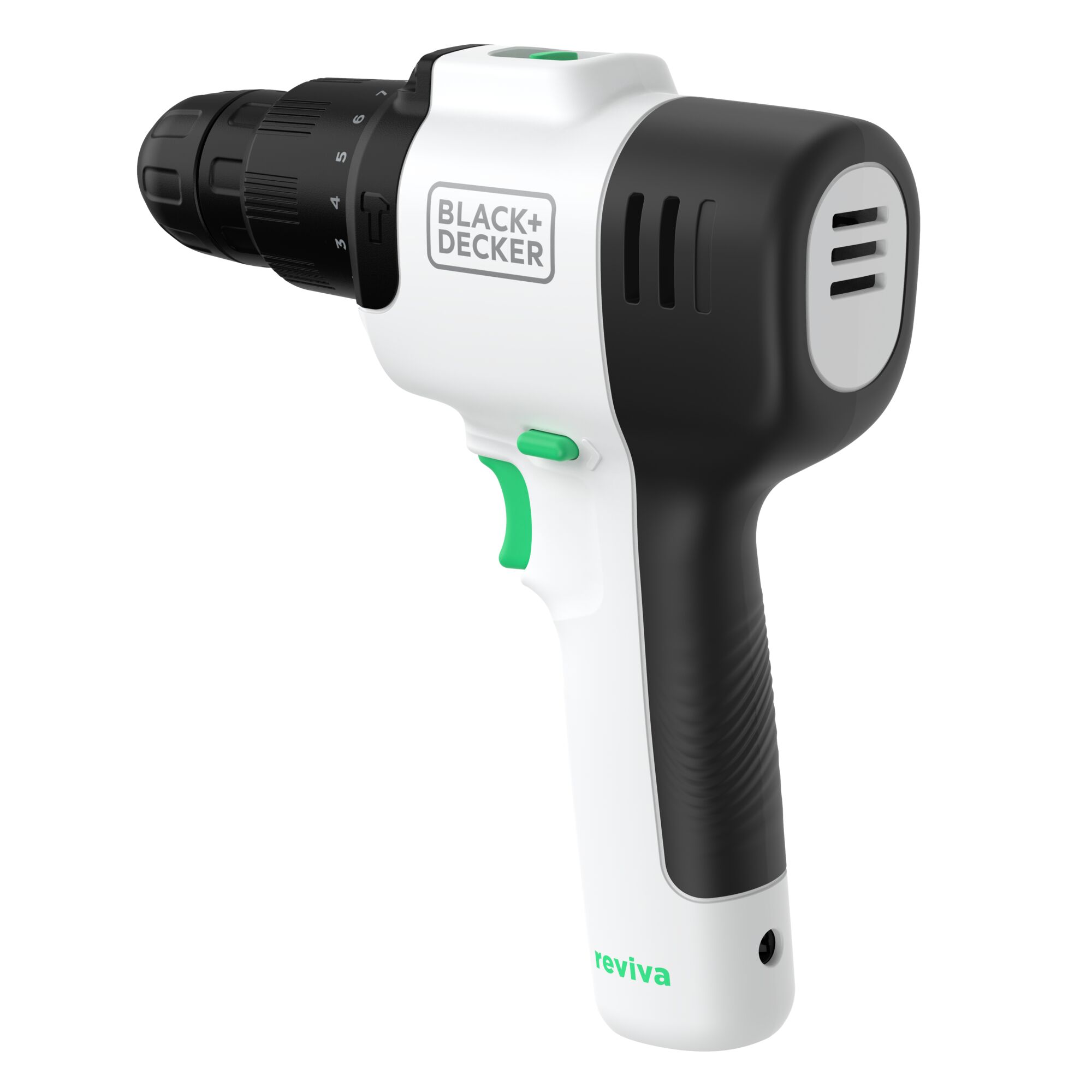 BLACK+DECKER REVHD12C cordless drill, white and black, side angle on white background.