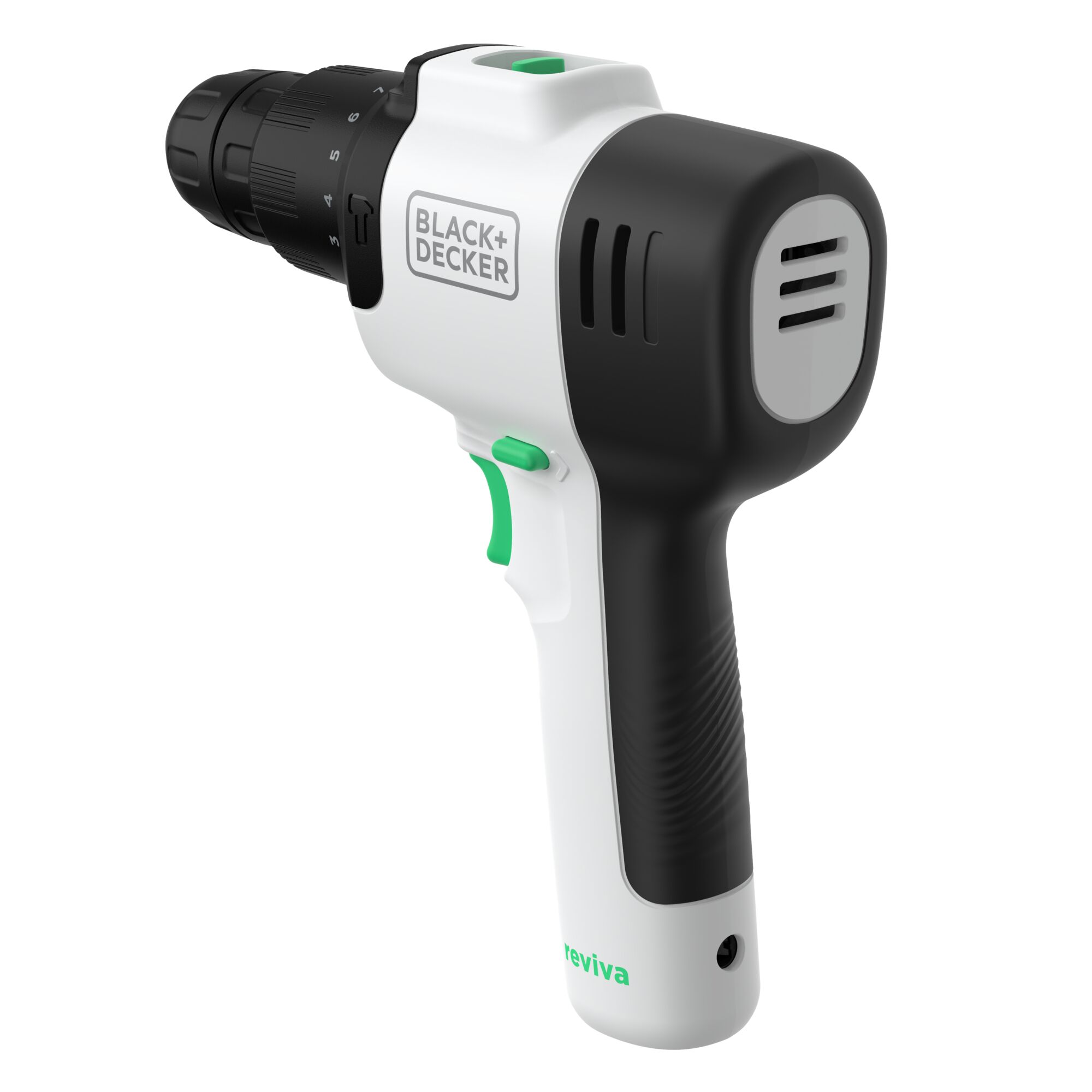 BLACK+DECKER REVHD12C cordless drill, white and black, angled view on white background.