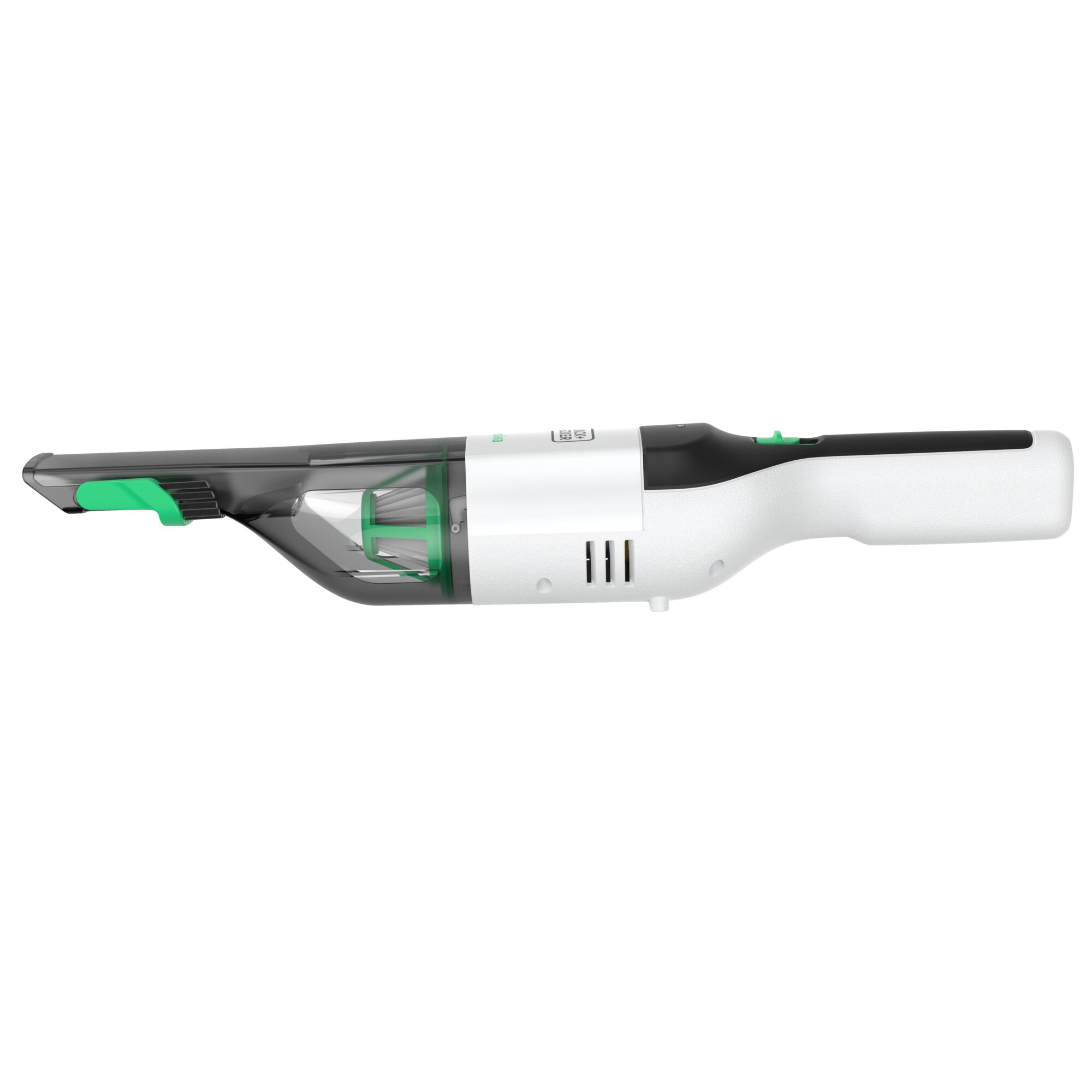 BLACKDECKER REVHV8C handheld vacuum cleaner, side view, white and black with green accents, photography