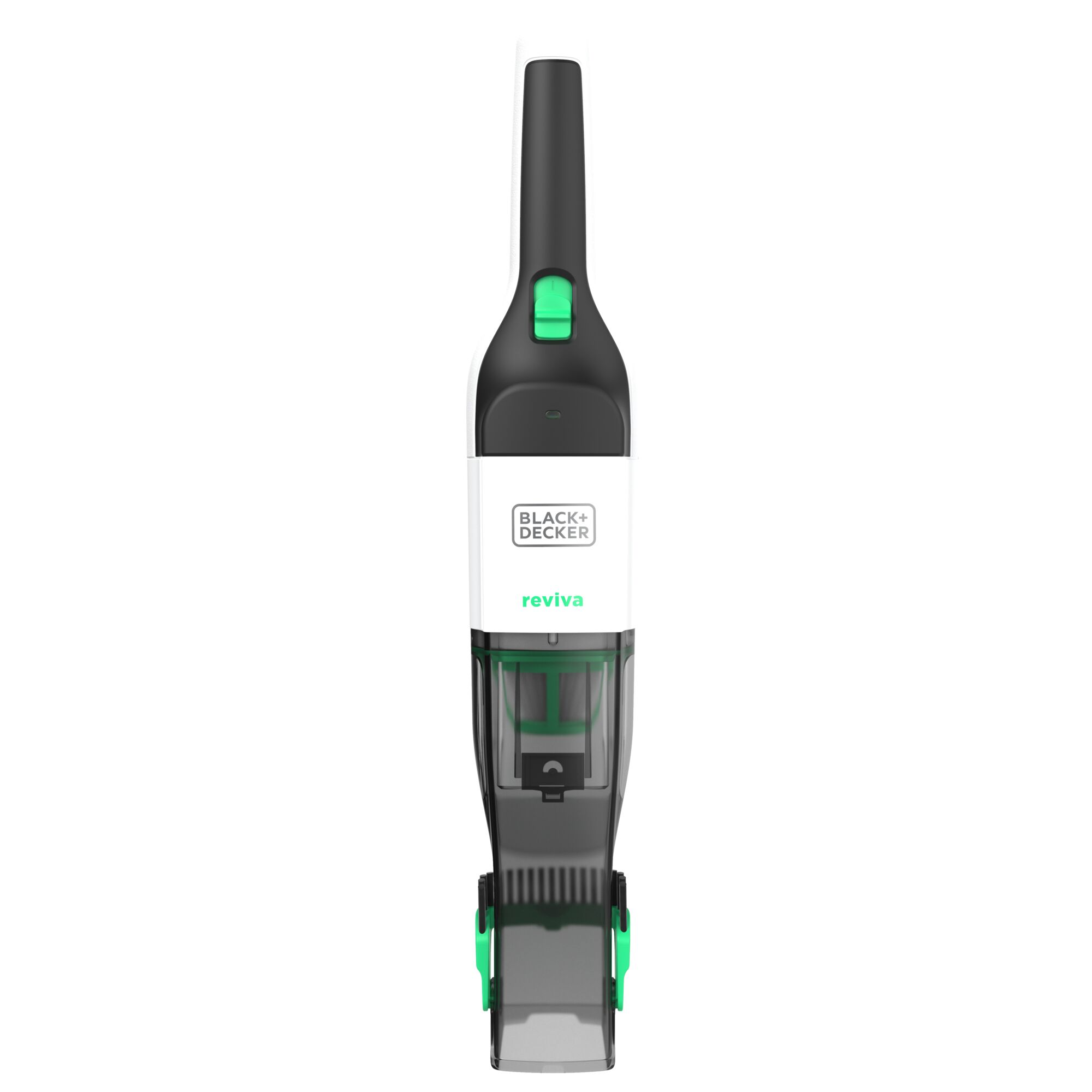 BLACK+DECKER REVHV8C handheld vacuum cleaner, white and black with green accents, front view, white background.