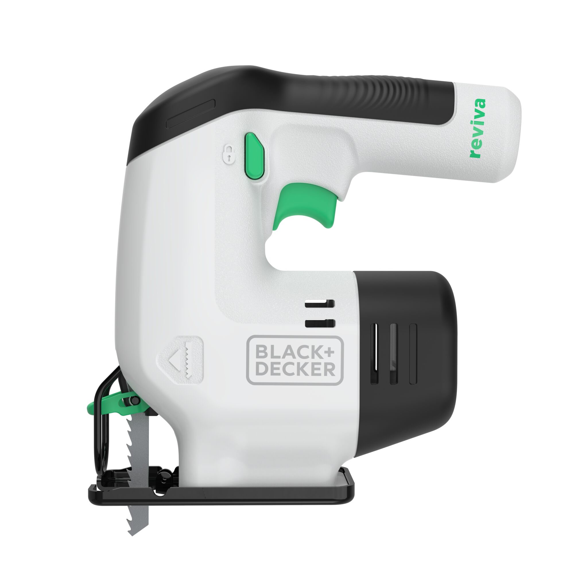 BLACK+DECKER REVJ12C cordless jigsaw with white and black body, green accents, side angle, photography.