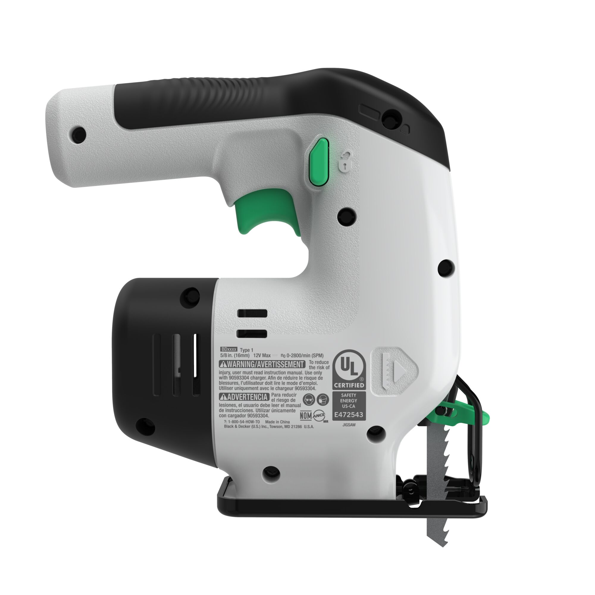 BLACKDECKER REVJ12C jigsaw side view, white and black body with green trigger and blade attachment.