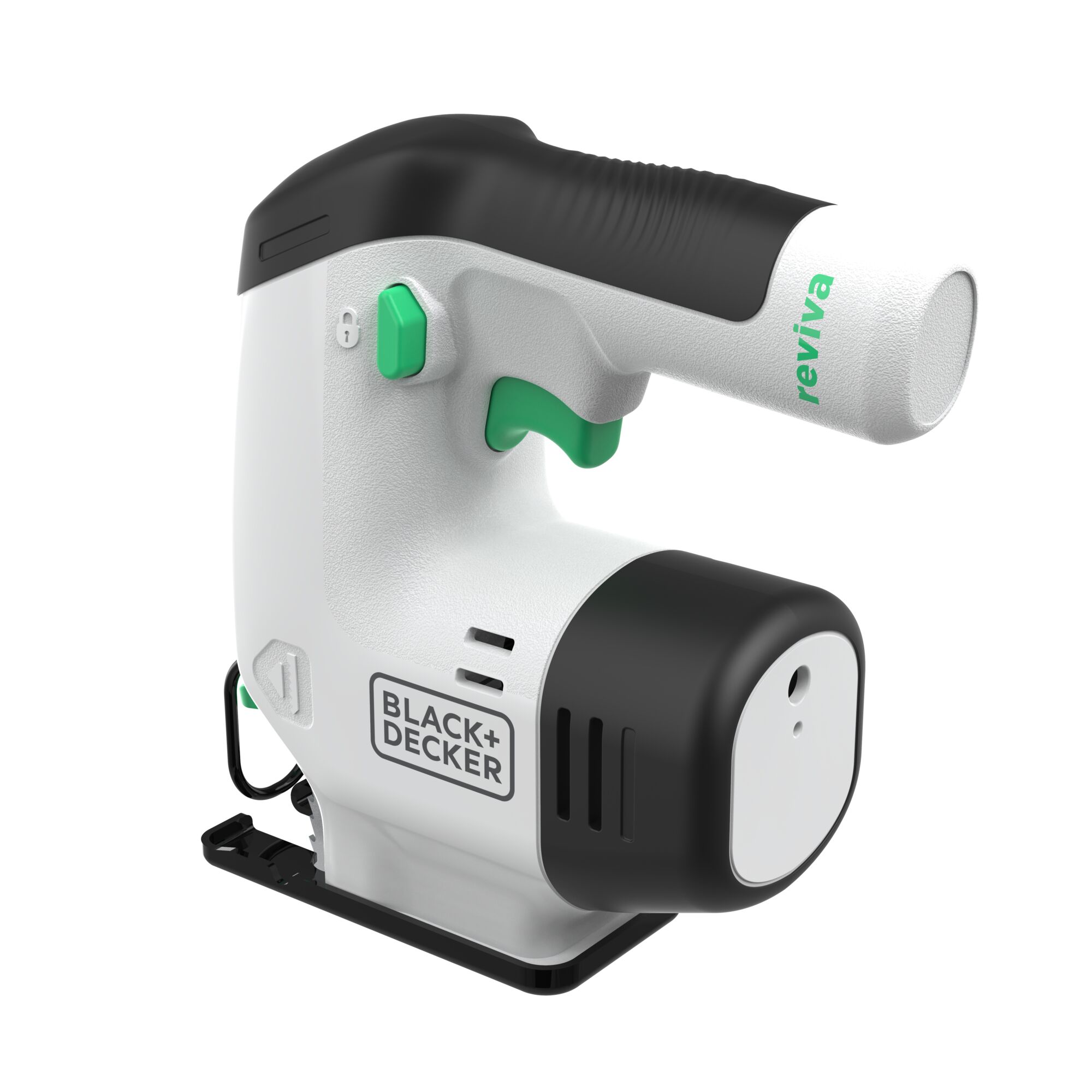 BLACK+DECKER REVJ12C compact jigsaw, white and black body, green accents, angled view, photography.