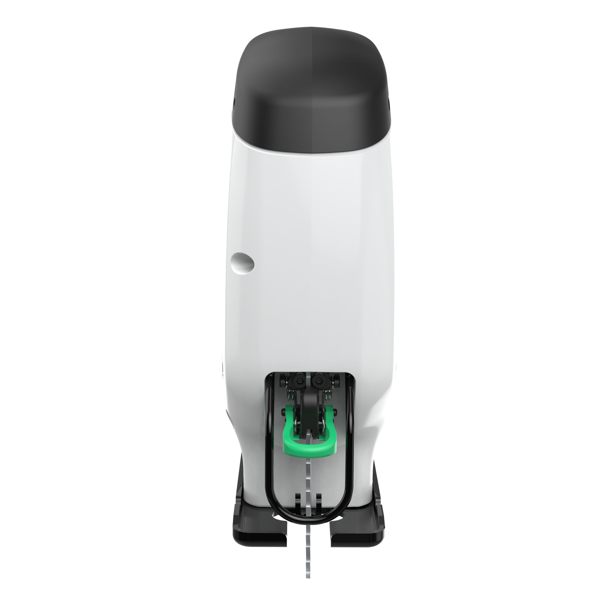BLACKDECKER REVJ12C jigsaw front angle, white body with black top and green detail, on white background.
