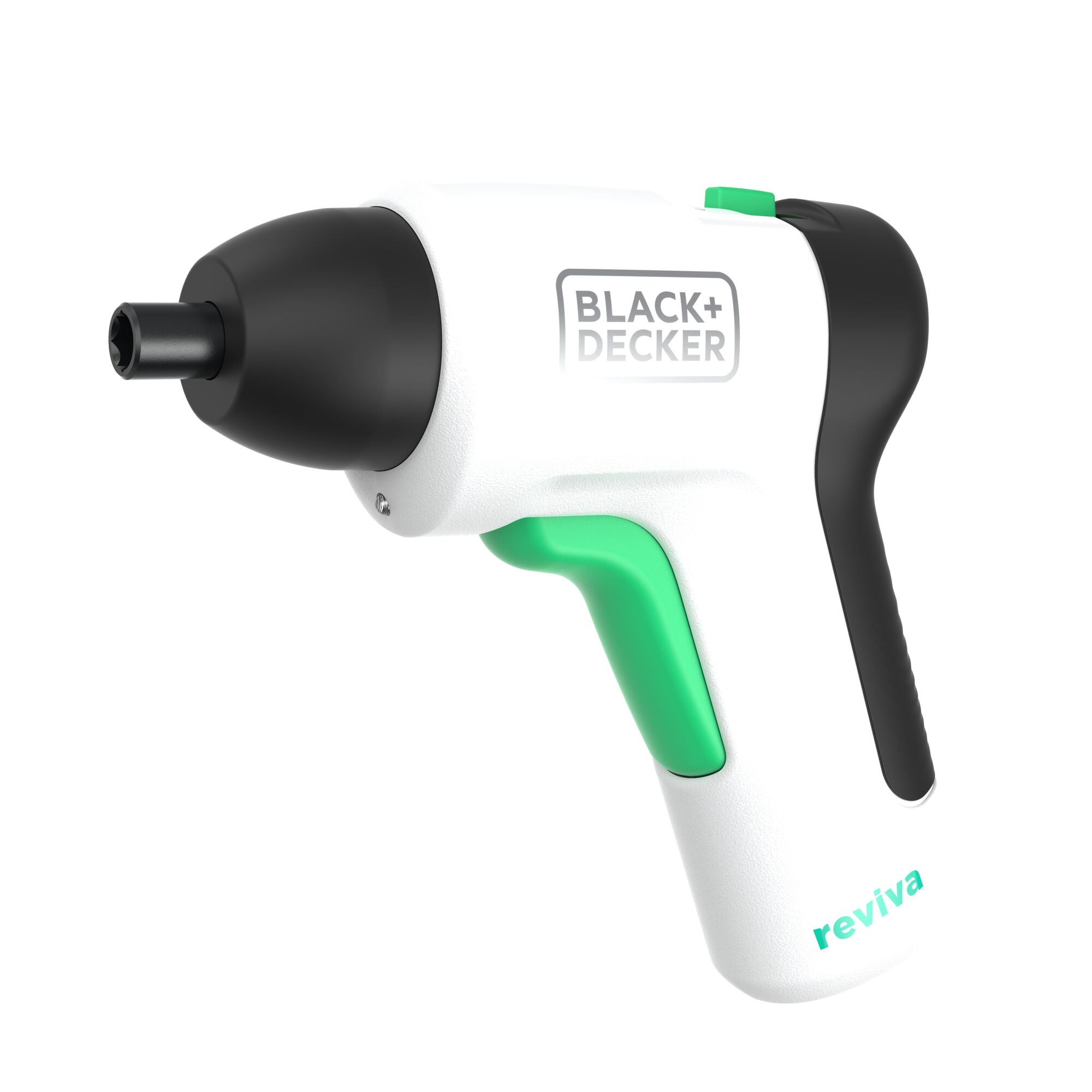 A BLACK+DECKER Reviva cordless electric screwdriver with a white body, black tip, green trigger button, and black and green accents. The product name 'reviva' is printed on the handle.