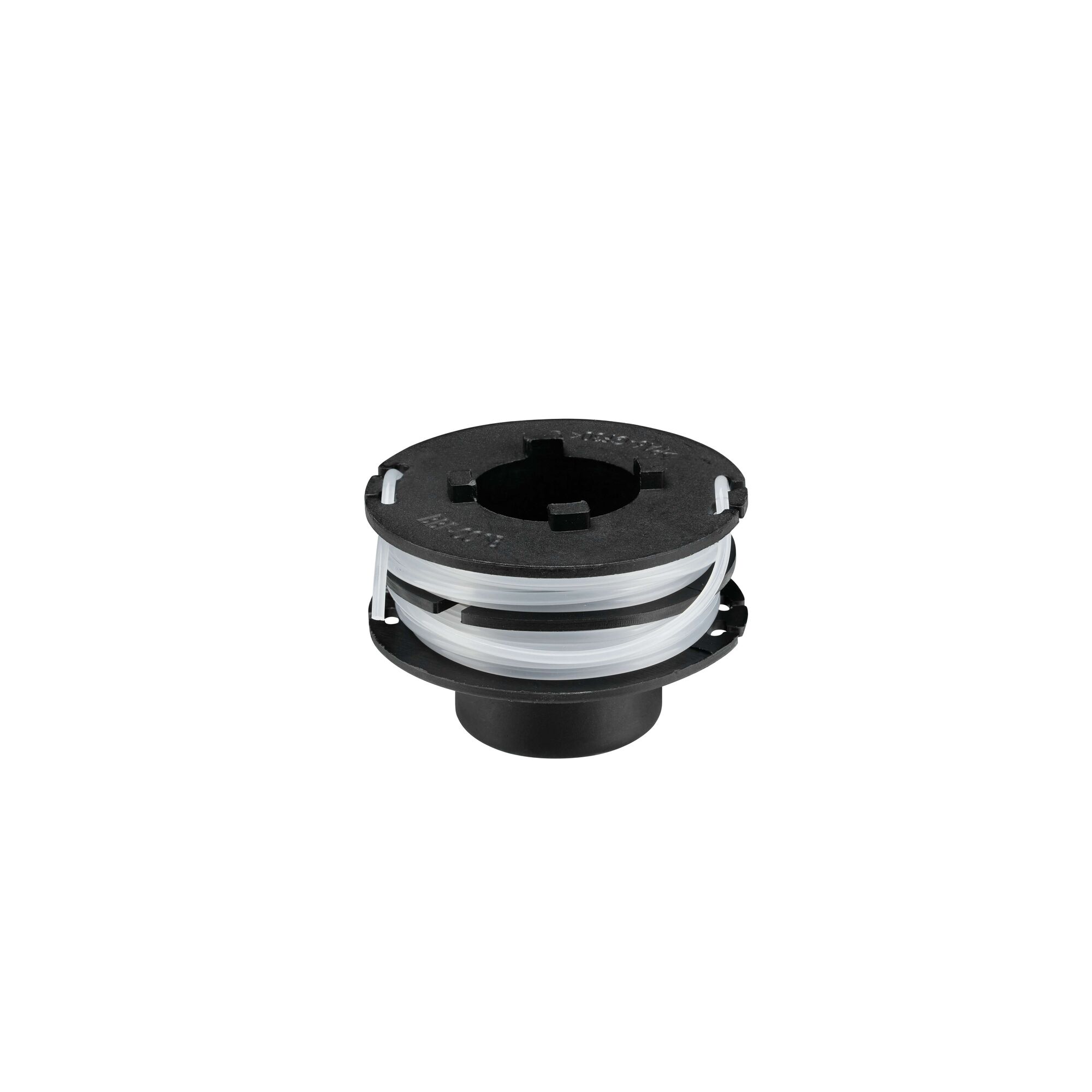 BLACKDECKER GL350 spool with white trimmer line, front angle, black plastic housing, photography.