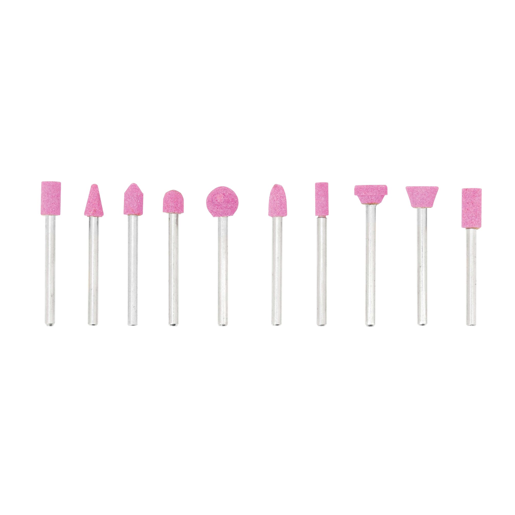 BLACKDECKER RT18KA rotary tool accessory set with 10 pink grinding stones, front angle, white background.