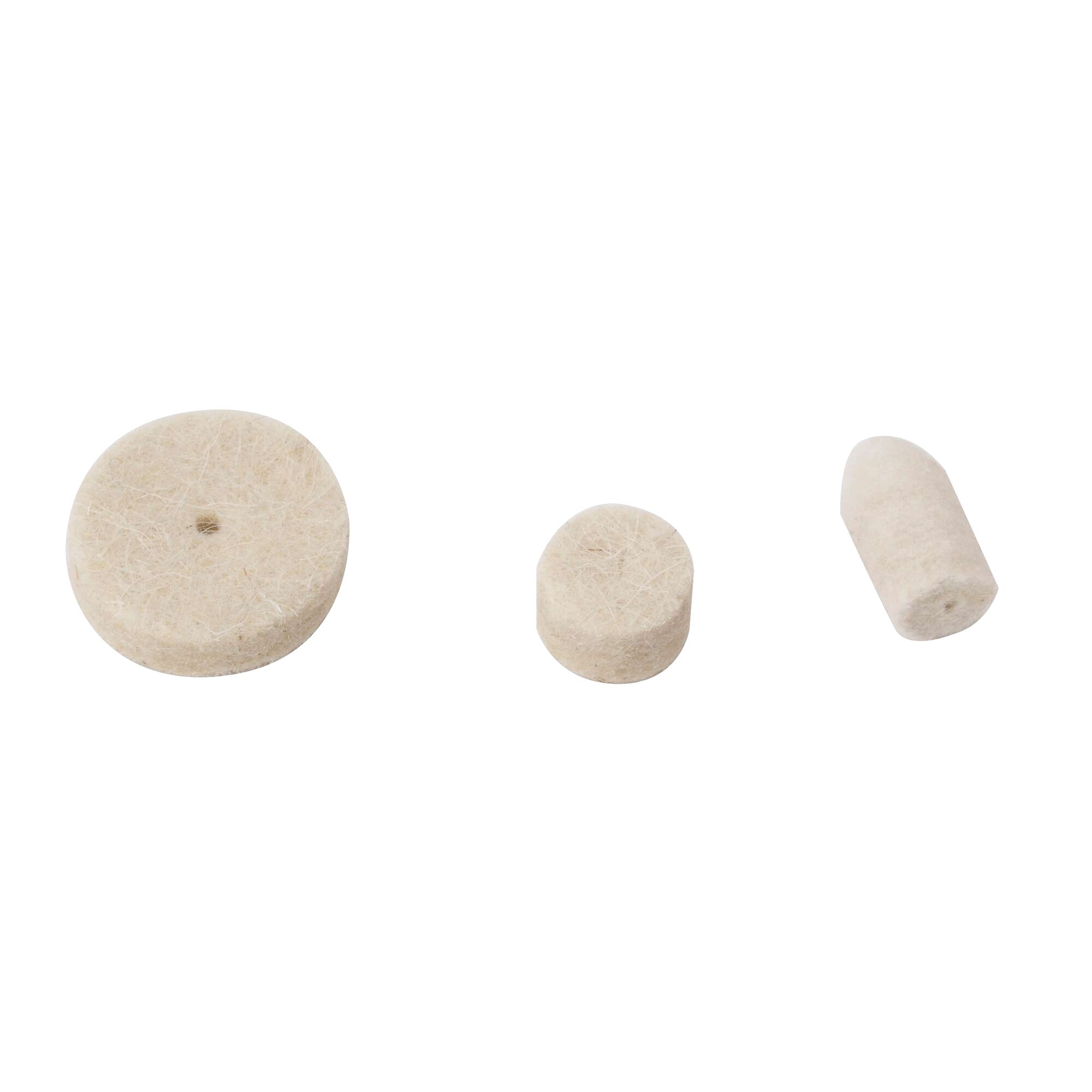 BLACKDECKER RT18KA felt polishing accessory set with three beige shapes, front view.