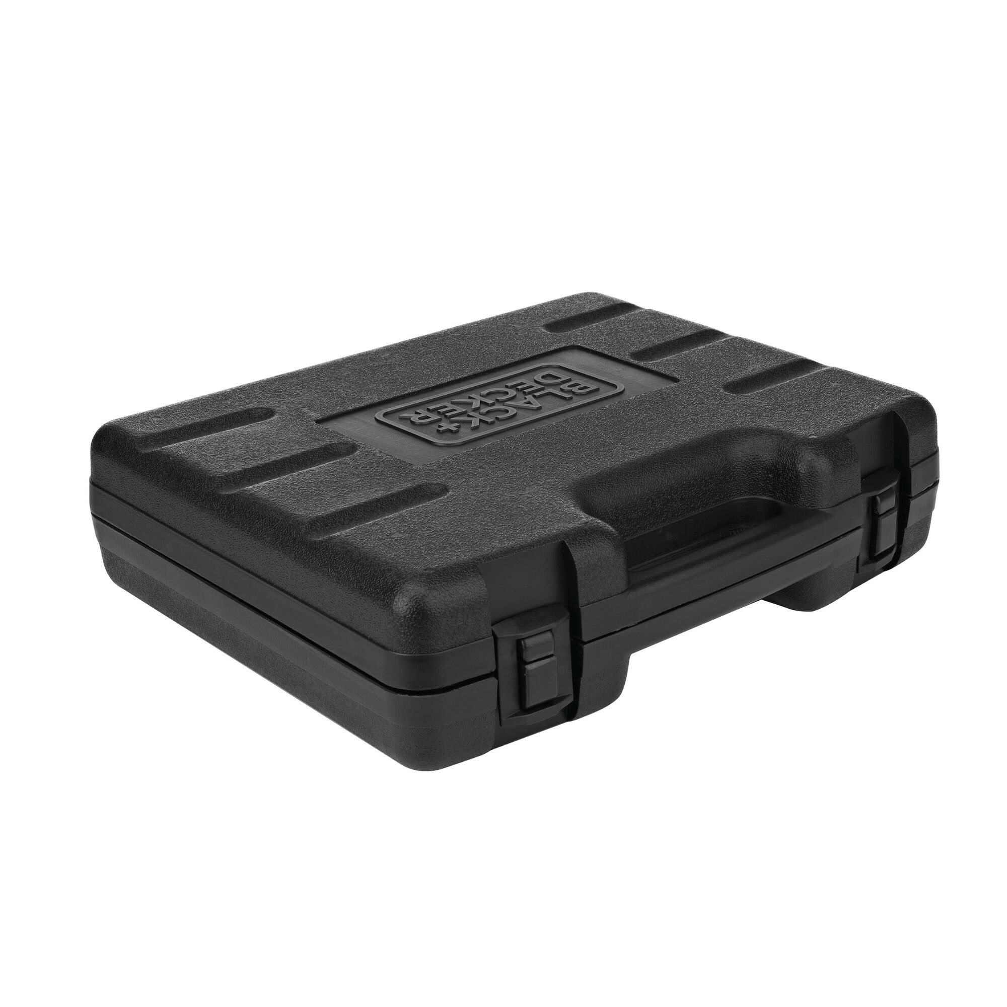 BLACKDECKER RT18KA black hard plastic carrying case, photography, front angle on white background.