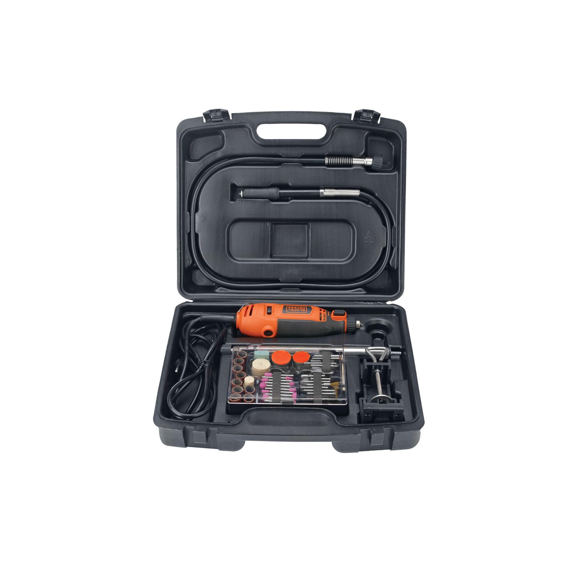 BLACKDECKER RT18KA rotary tool kit with accessories in black hard case, front angle.