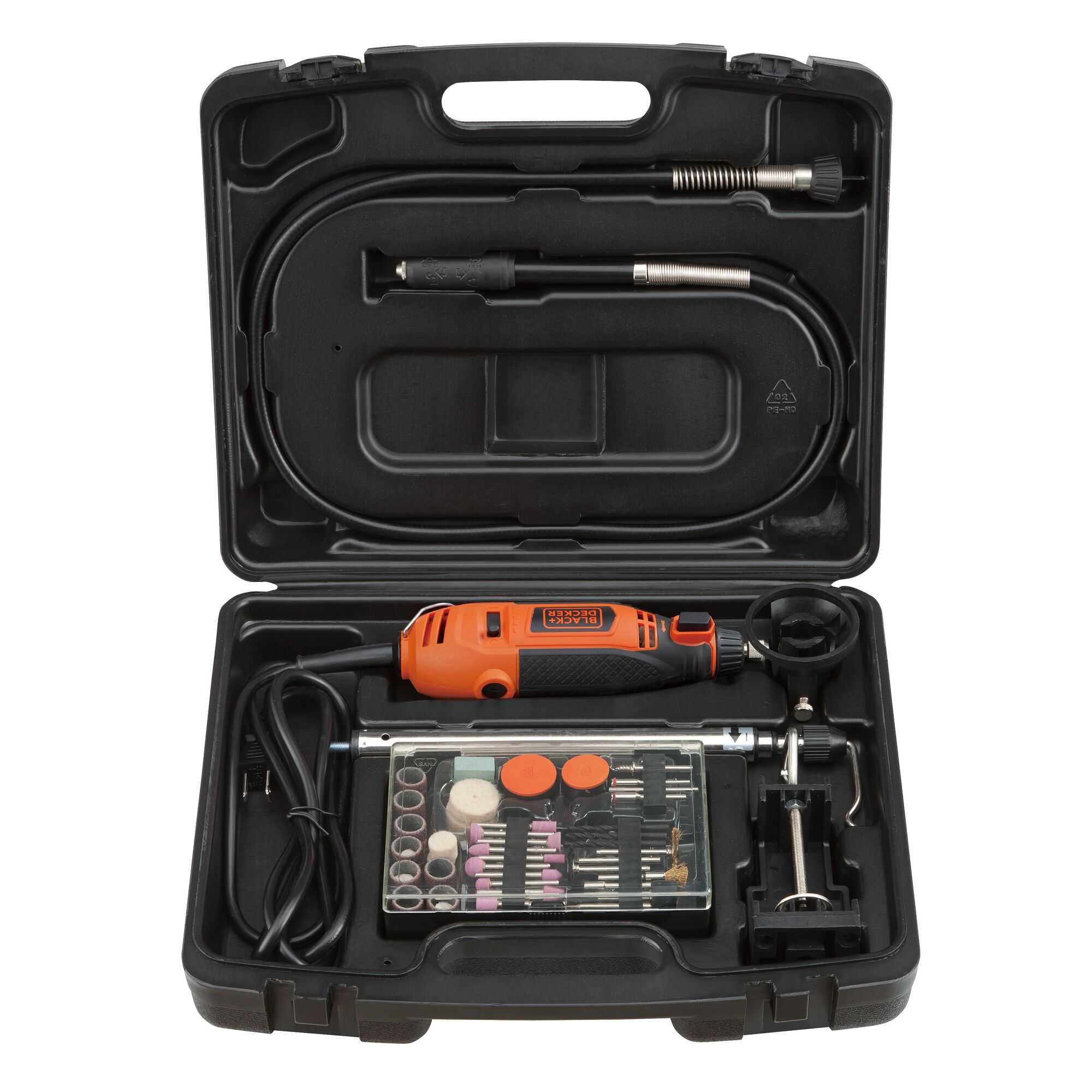 BLACKDECKER RT18KA rotary tool kit with accessories in black hard case, top view.