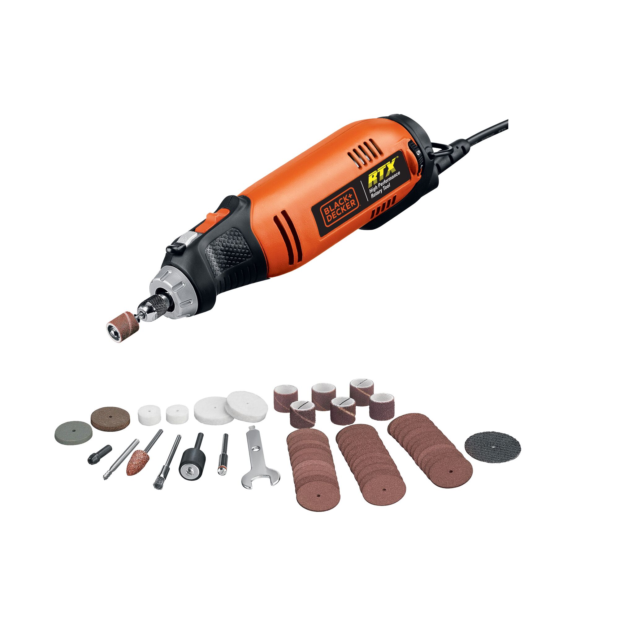 BLACK+DECKER RTX1 rotary tool kit with orange and black tool and assorted sanding and grinding accessories, front angle.