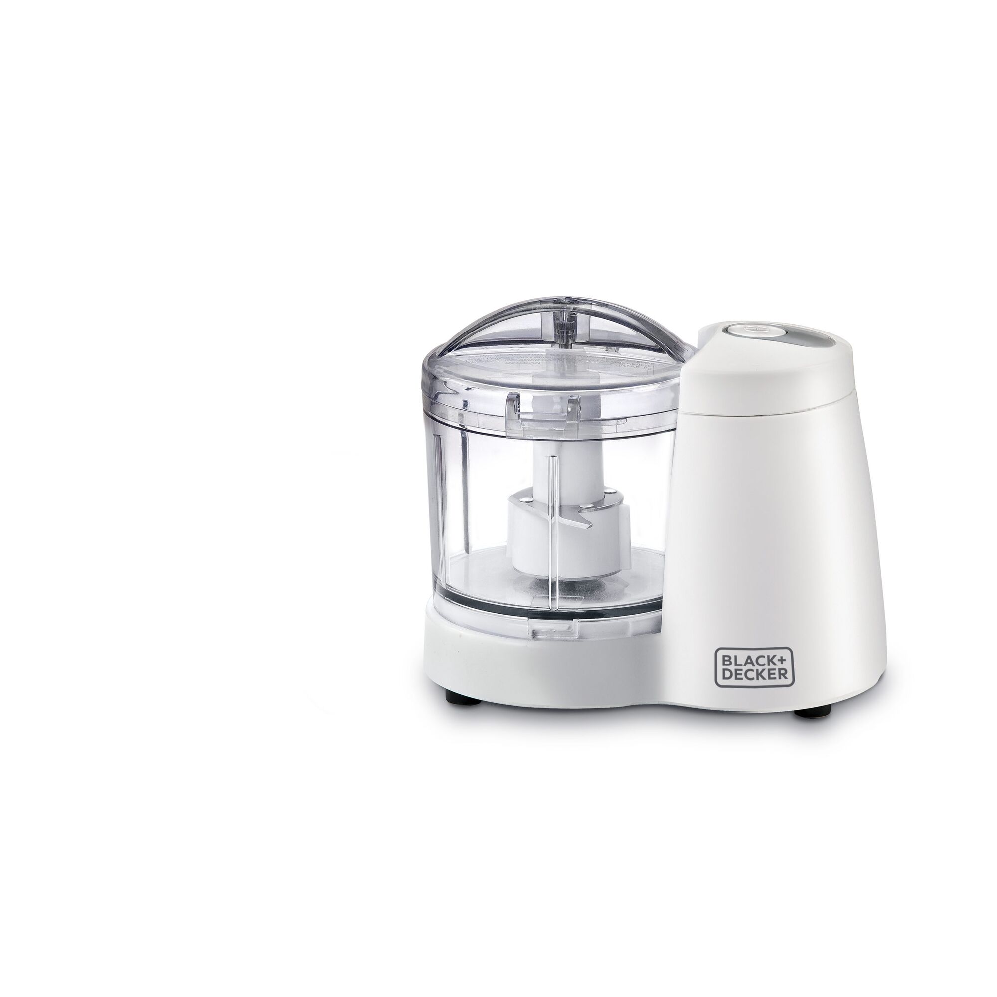 BLACK+DECKER SC350 white mini food chopper, clear lid, front angle on white background.