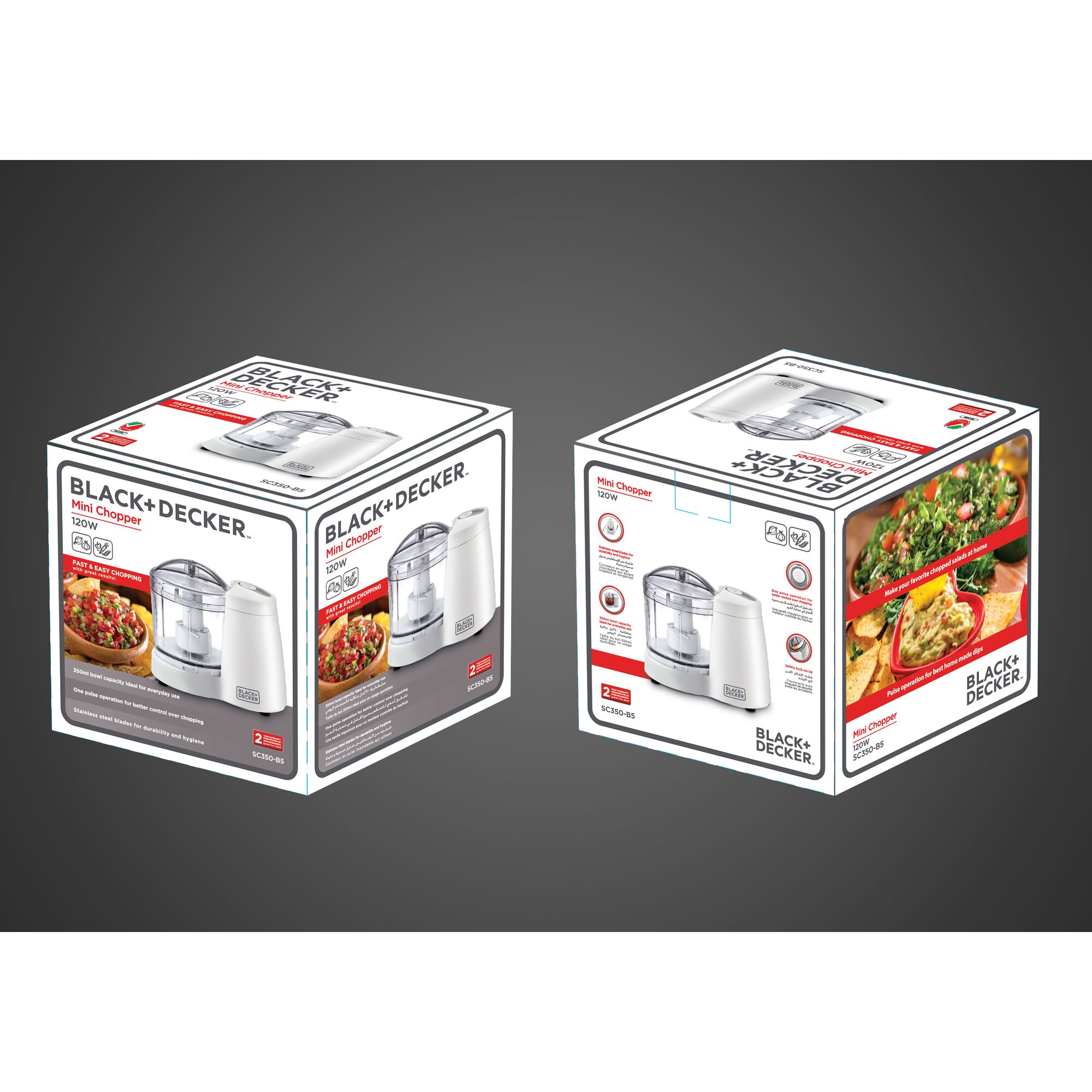 Two product boxes of the BLACK+DECKER Mini Chopper, 120W, model SC350, are shown. Each box displays an image of the mini chopper appliance, product features, and vibrant food dishes prepared using the chopper. The packaging highlights quick and easy food preparation.