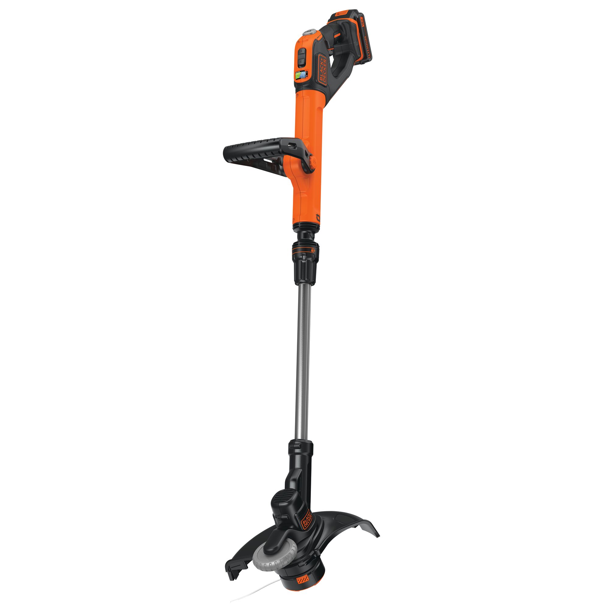 BLACKDECKER STC1820EPCF orange cordless grass trimmer, side angle, with adjustable handle and cutting head.