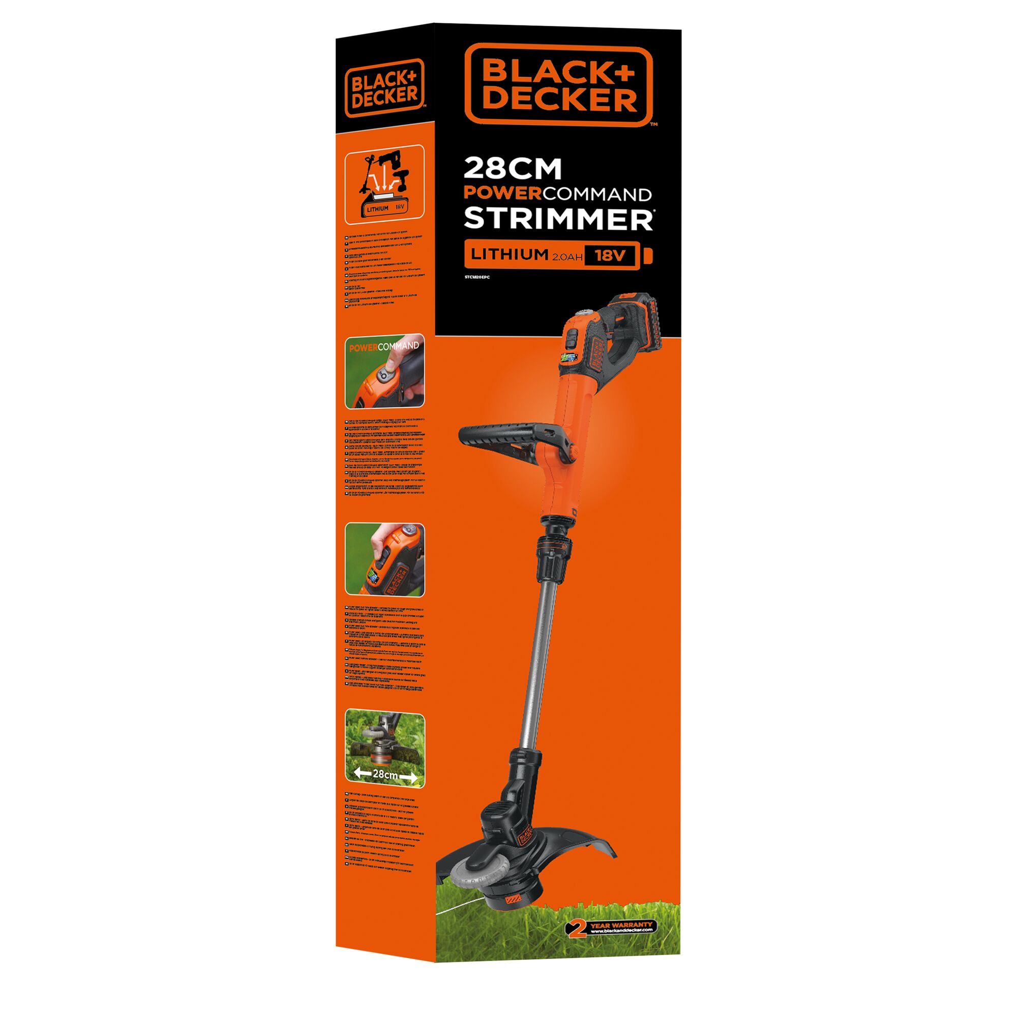 Photo of BLACK+DECKER strimmer retail box, SKU STC1820EPC, orange and black 28cm cordless grass trimmer.