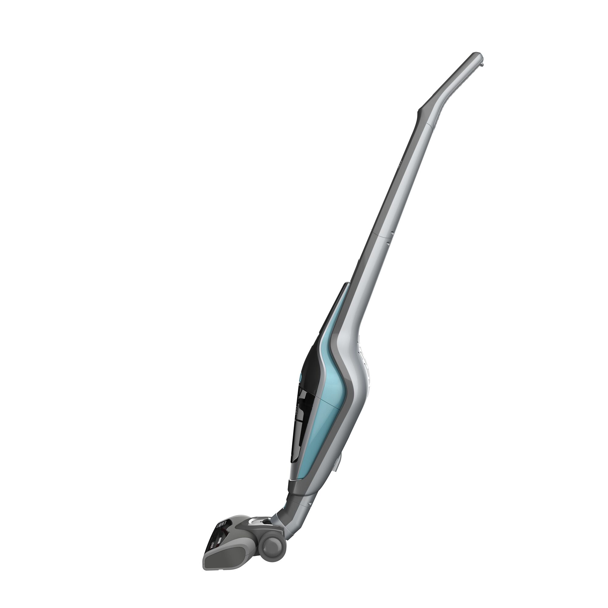 BLACKDECKER SVA420B cordless stick vacuum, side angle, silver and blue design, photography on white background.