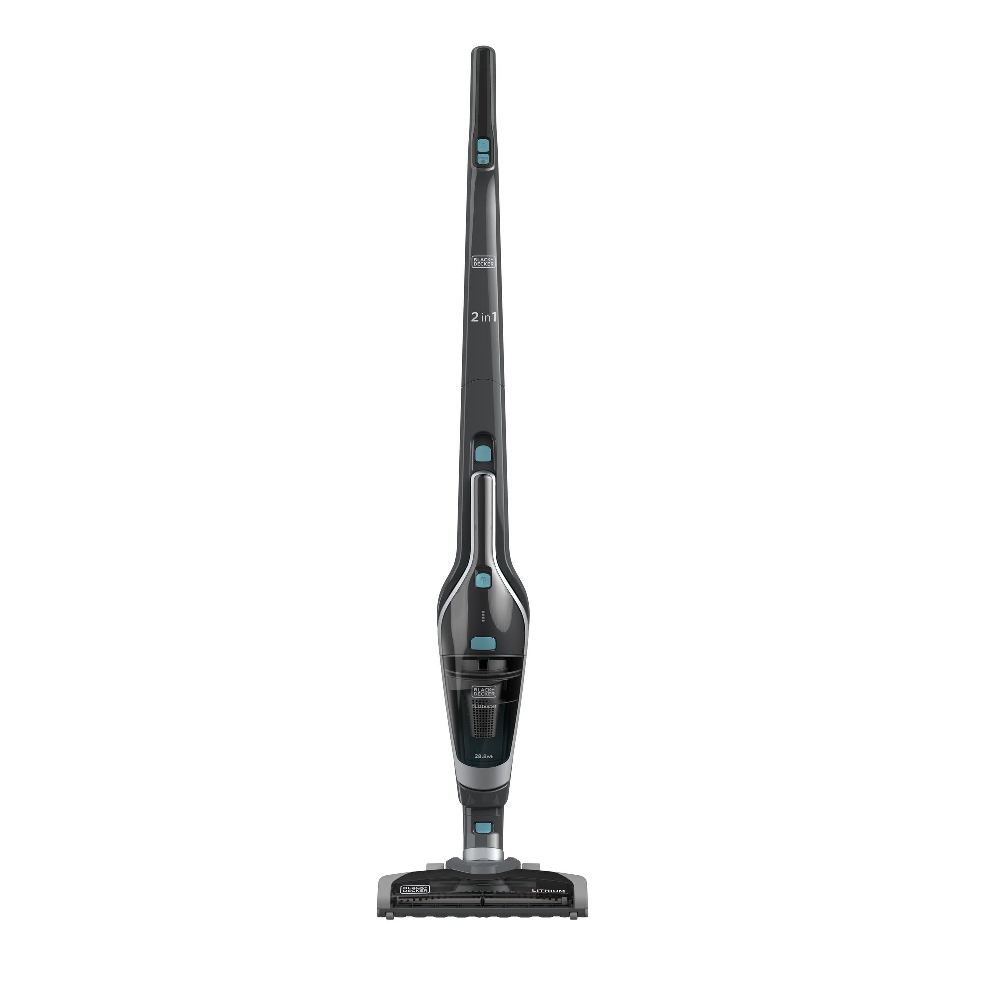 BLACKDECKER SVA420B cordless 2-in-1 stick vacuum cleaner front view, black with blue accents.