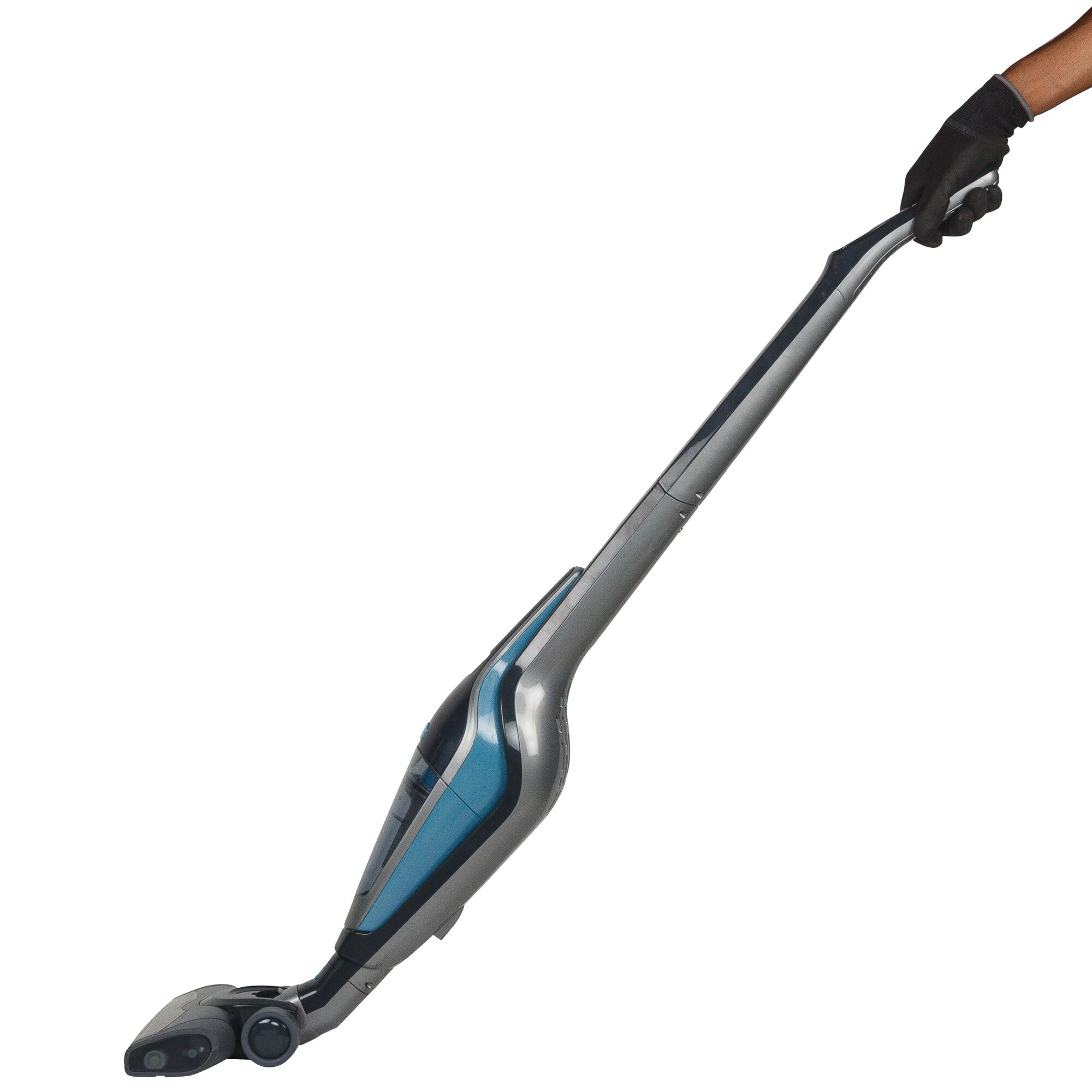 BLACKDECKER SVA420B cordless stick vacuum cleaner with blue and gray body, side angle, hand holding handle.