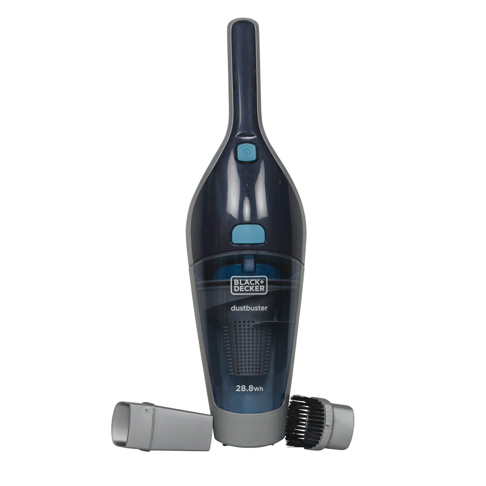 BLACKDECKER SVA420B handheld vacuum cleaner with two nozzle attachments, front angle, dark blue body.