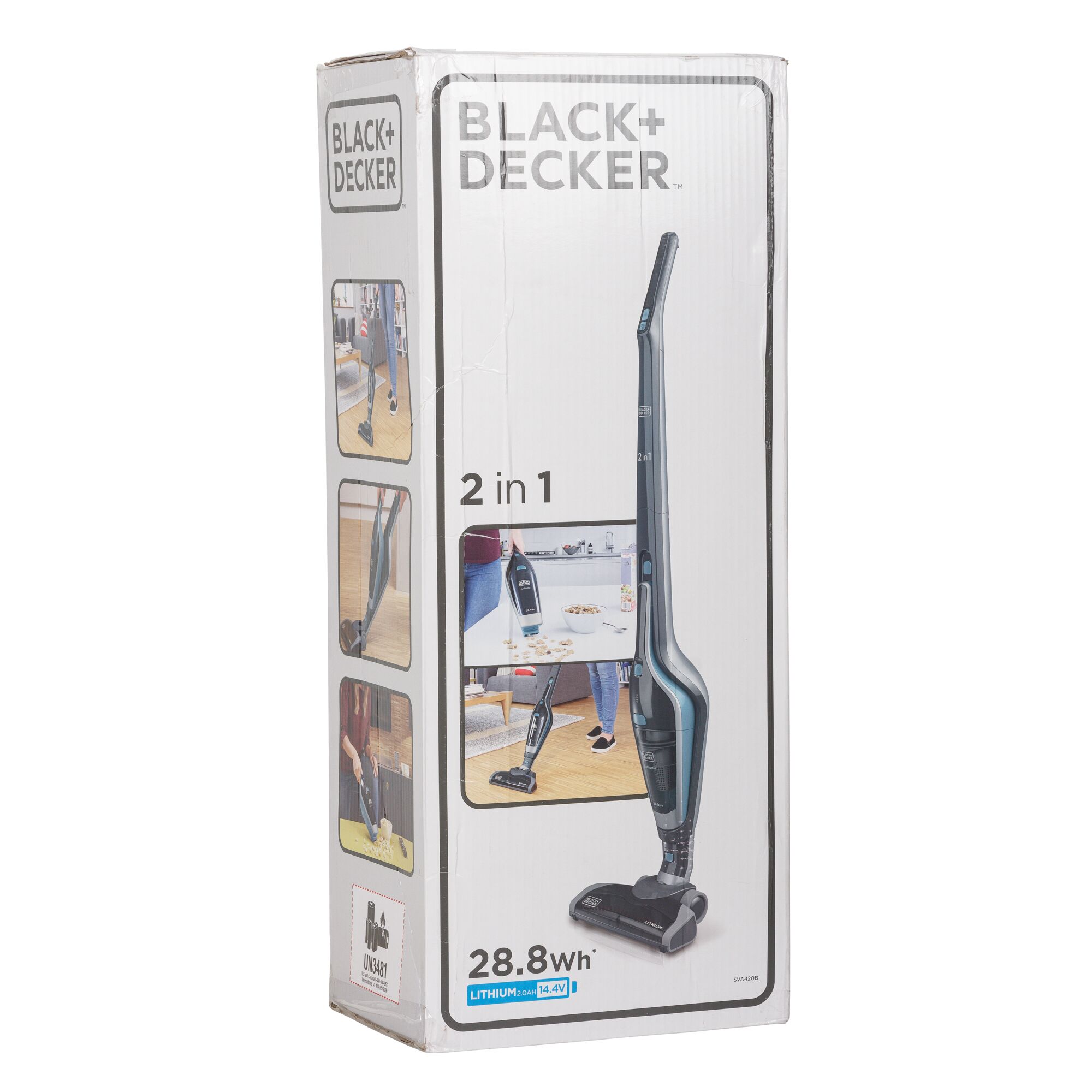 Photo of BLACK+DECKER SVA420B 2-in-1 cordless stick vacuum cleaner retail box, angled view, white packaging.
