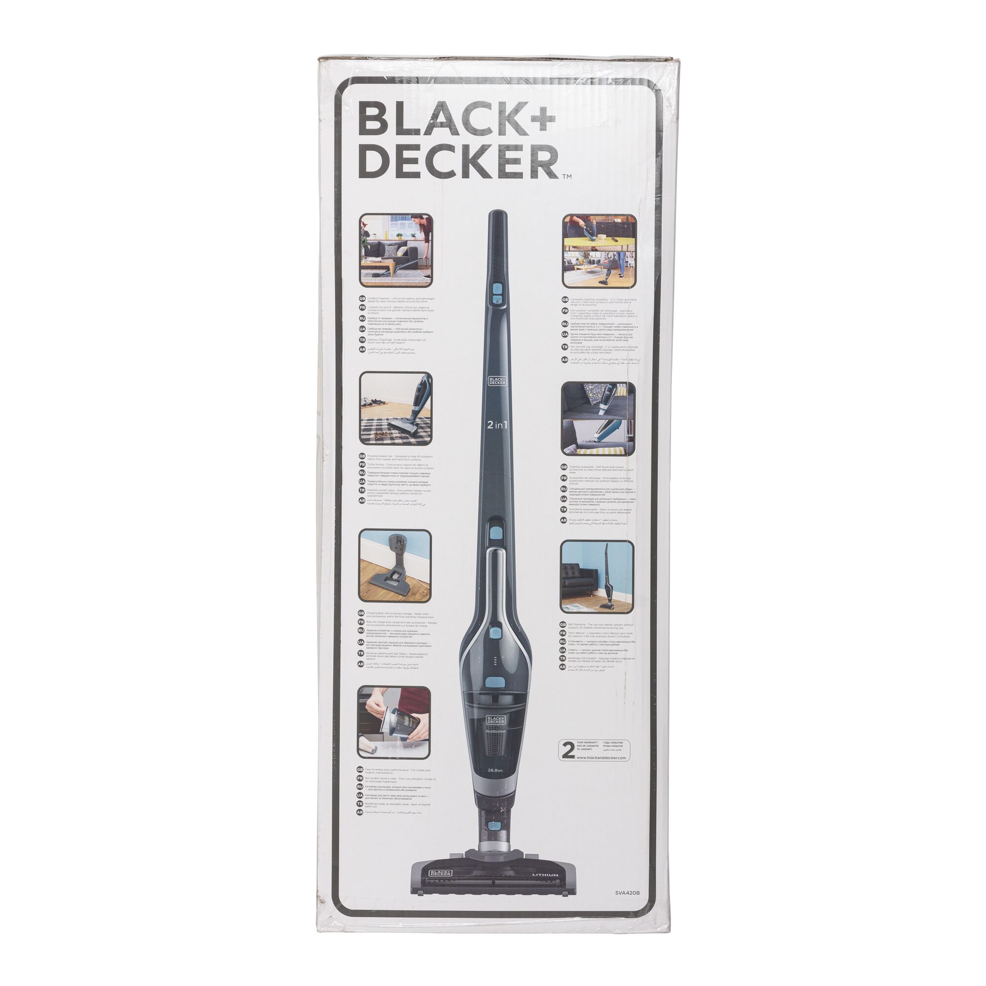 BLACK+DECKER SVA420B upright vacuum cleaner packaging, front view with product features and images.