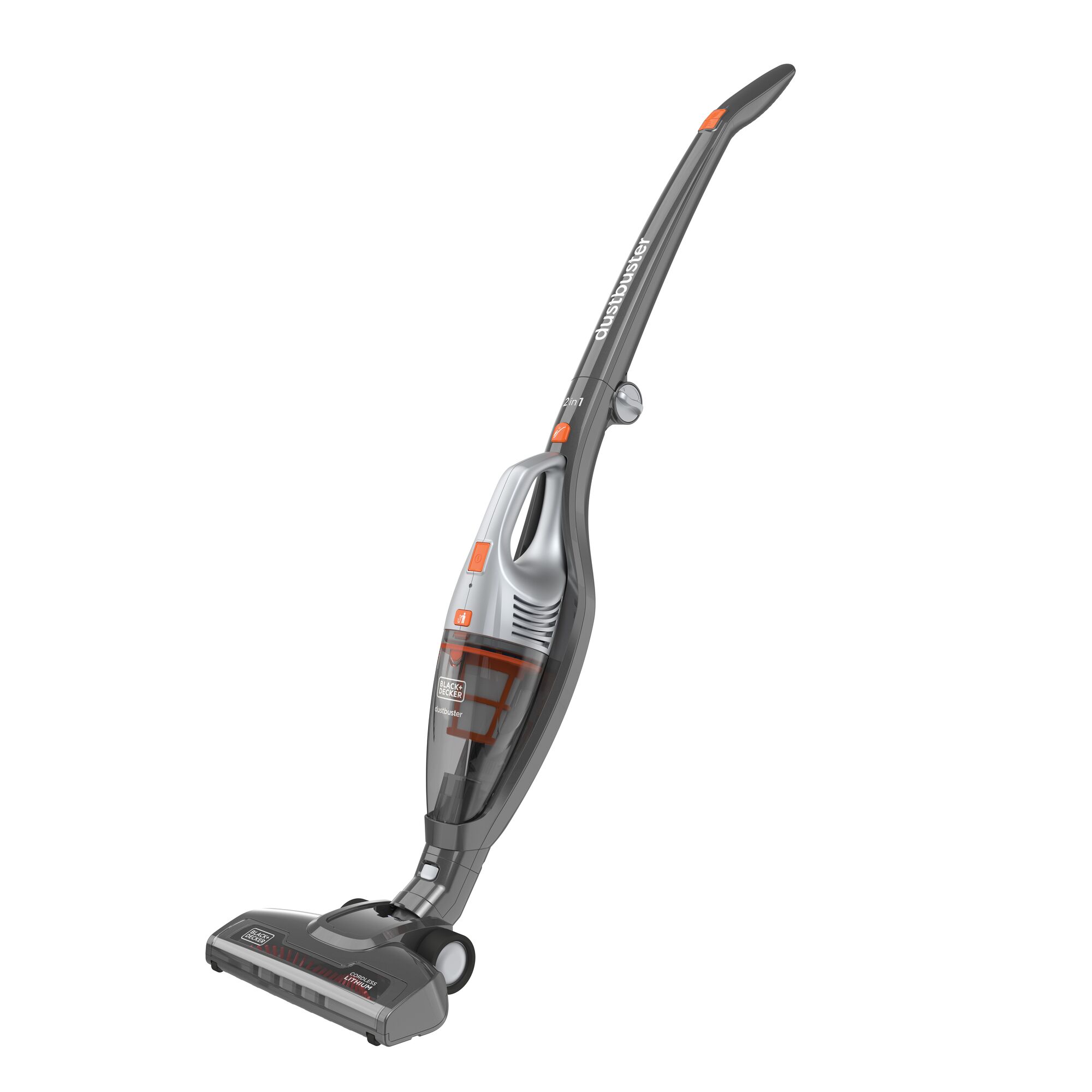 BLACKDECKER SVB420J upright vacuum cleaner, grey and orange, side angle on white background.