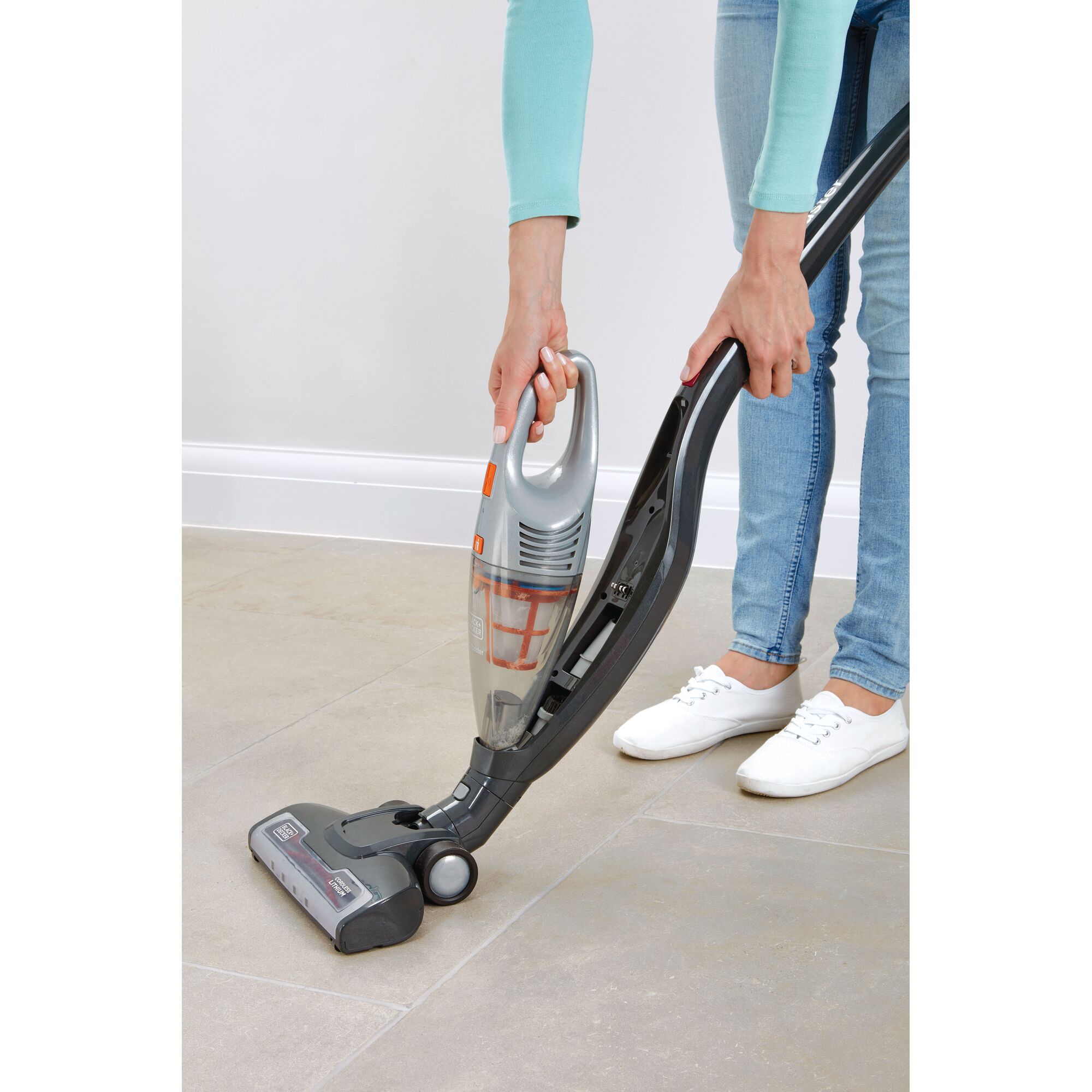 BLACKDECKER SVB420J upright vacuum cleaner with detachable handheld unit on tile floor.