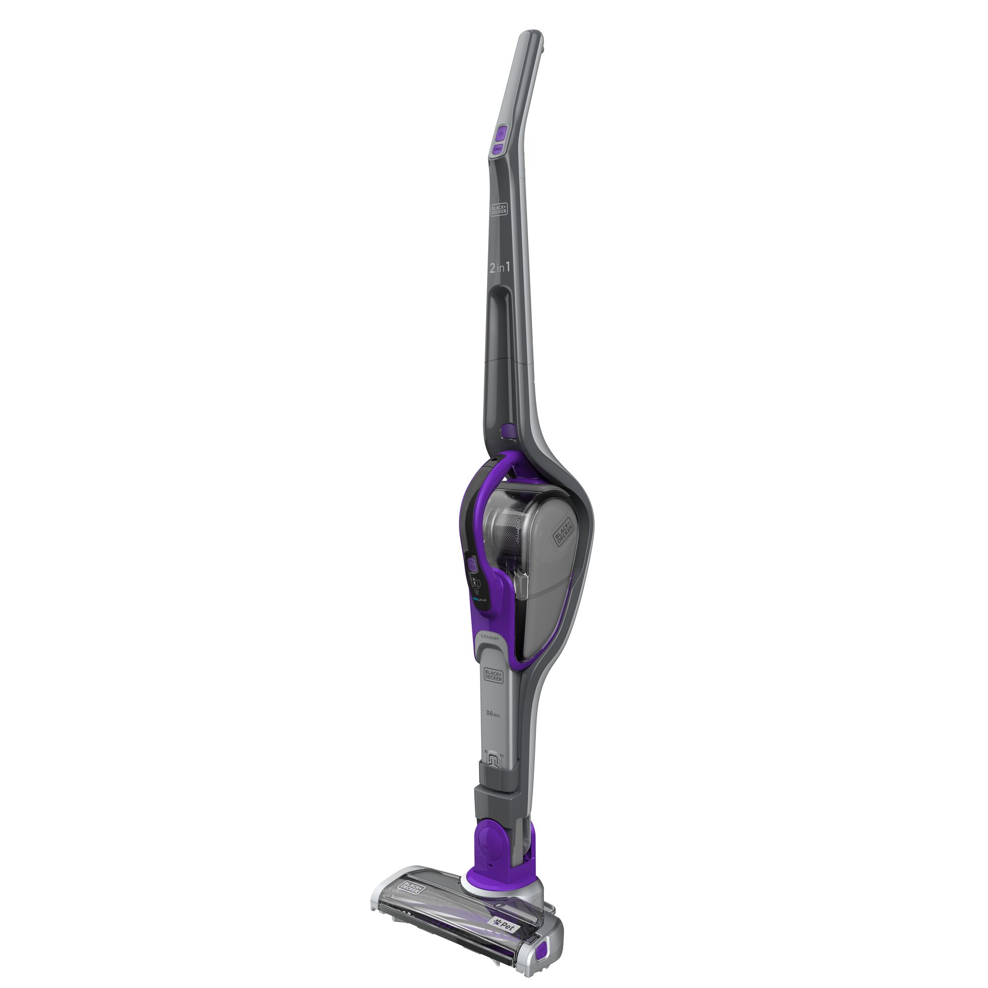 BLACKDECKER SVJ520BFSP cordless stick vacuum in gray and purple, upright angle, photography product