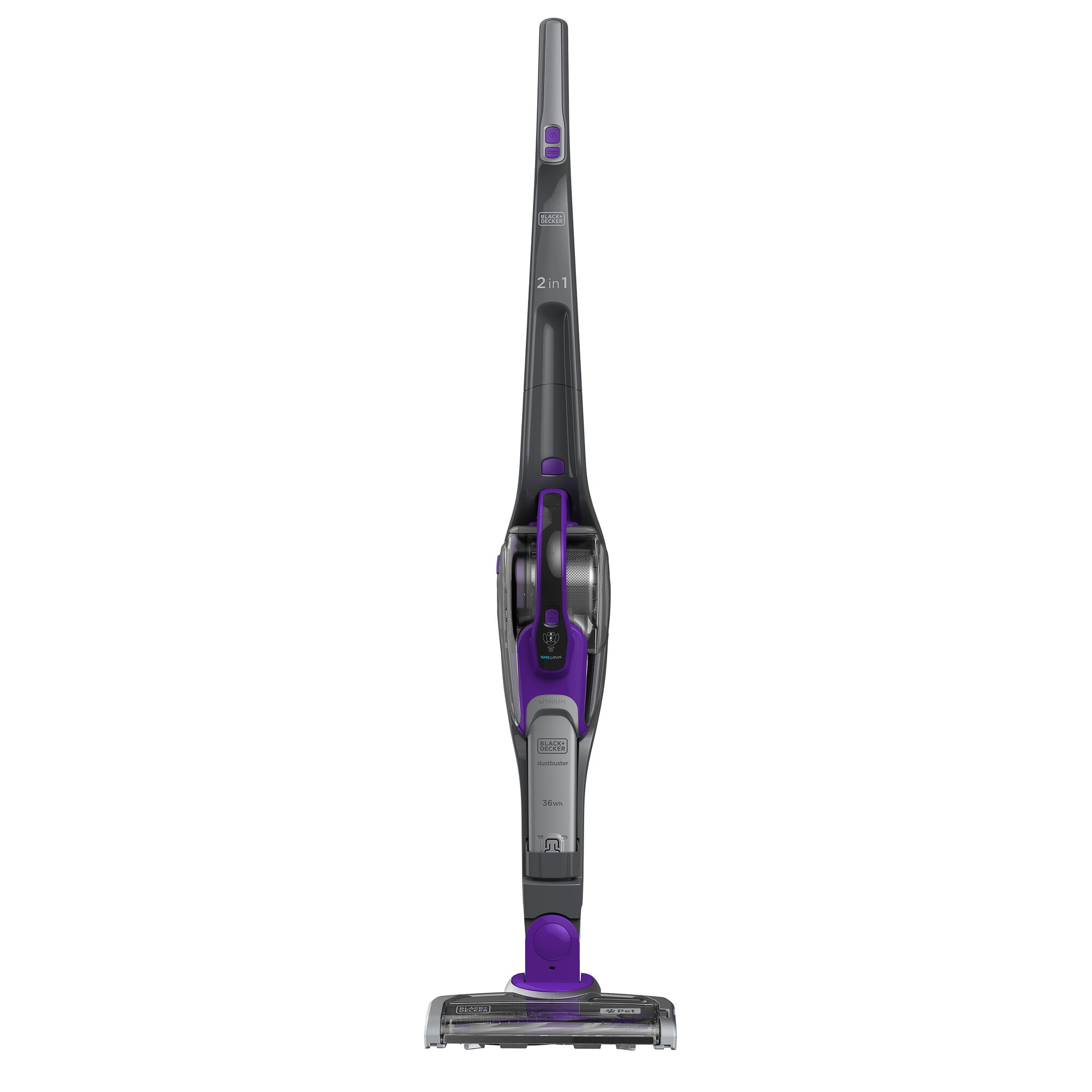 BLACKDECKER SVJ520BFSP upright cordless vacuum cleaner, front angle, black and purple design.