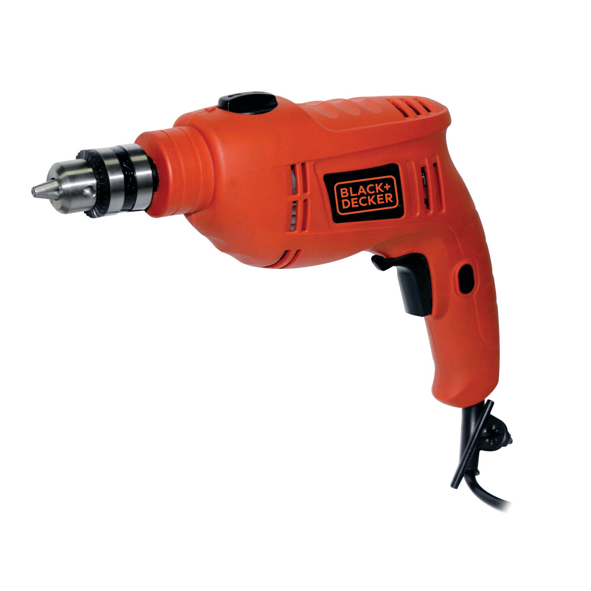BLACKDECKER TB555 orange corded electric drill side view, ergonomic handle and metal chuck.