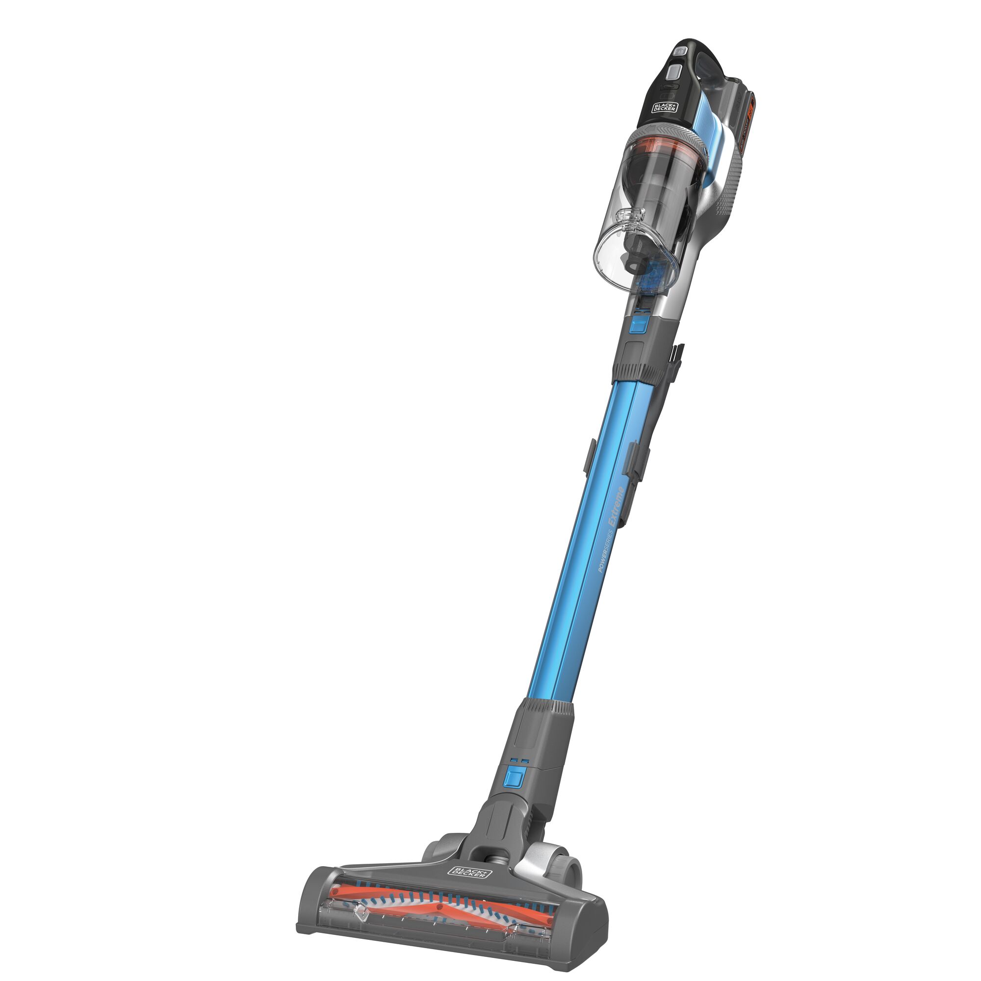 BLACKDECKER TBSV2020GS cordless stick vacuum, blue and black, front angle on white background.