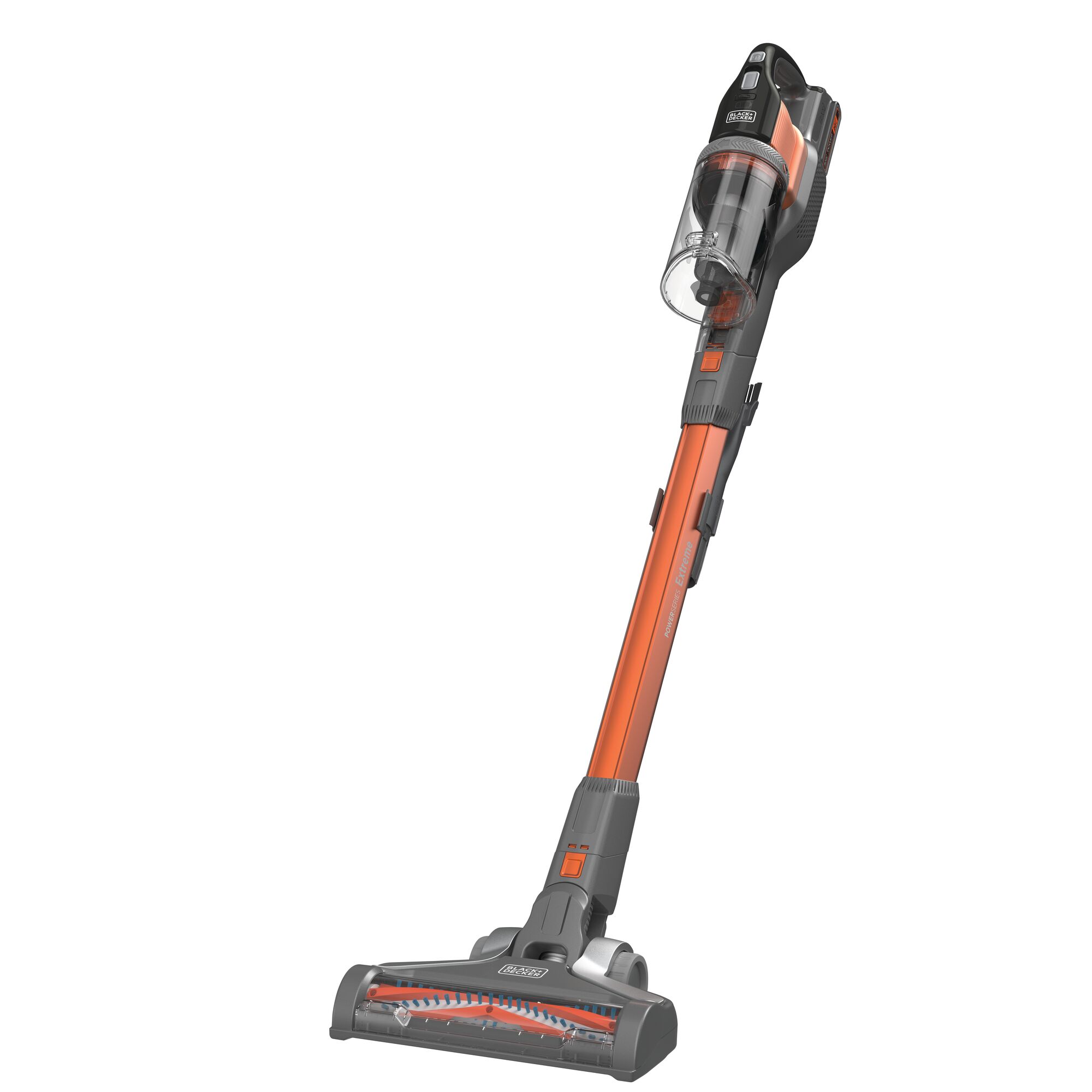 BLACKDECKER TBSV2020S cordless stick vacuum, orange and grey, front angle photo on white background.
