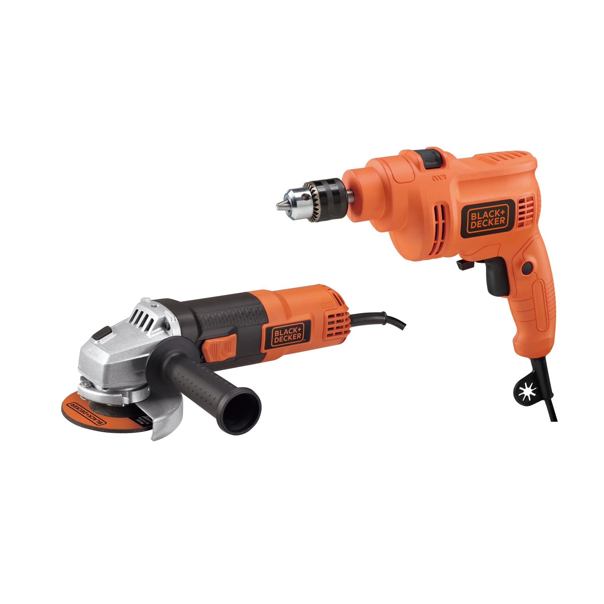 BLACK+DECKER TP555G720 orange power tool set with corded drill and angle grinder, side view on white background.