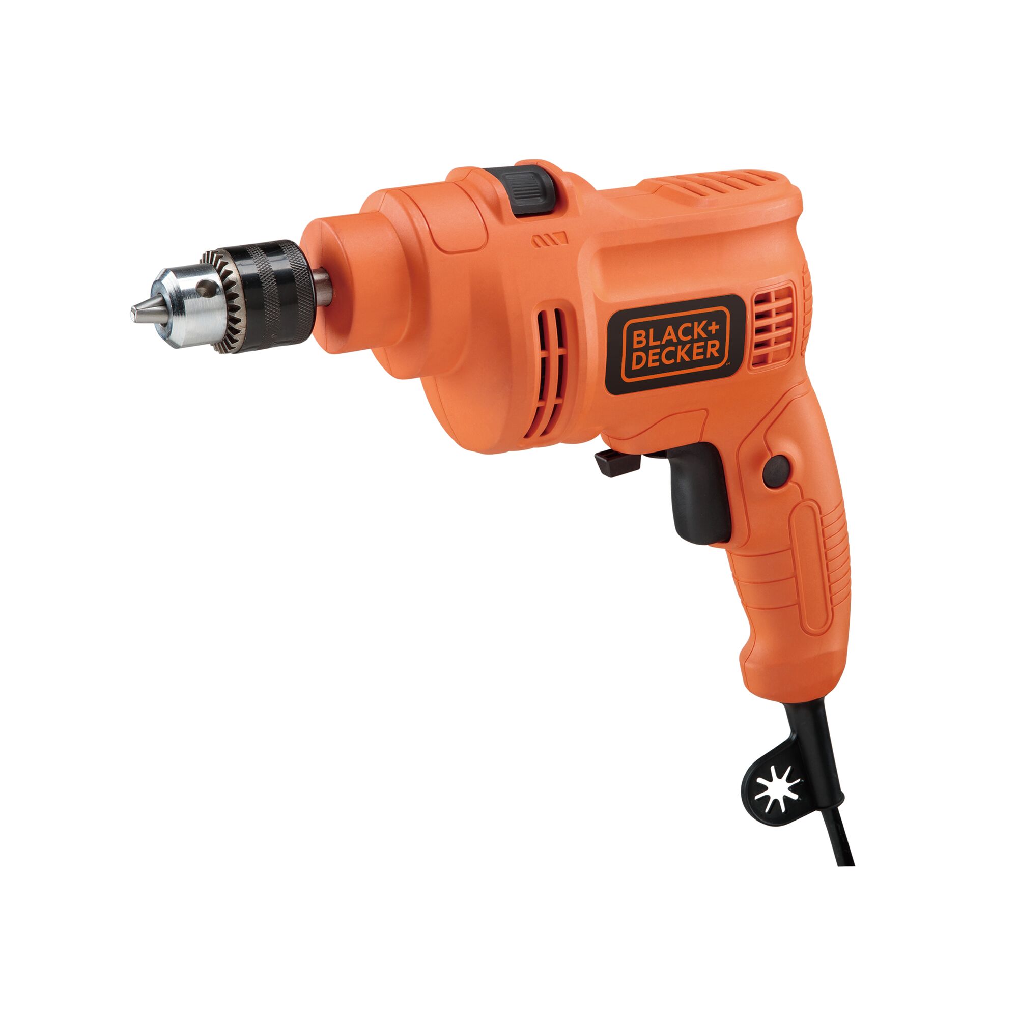 BLACKDECKER TP555KPR orange corded electric drill, side view, with ergonomic grip and keyless chuck.