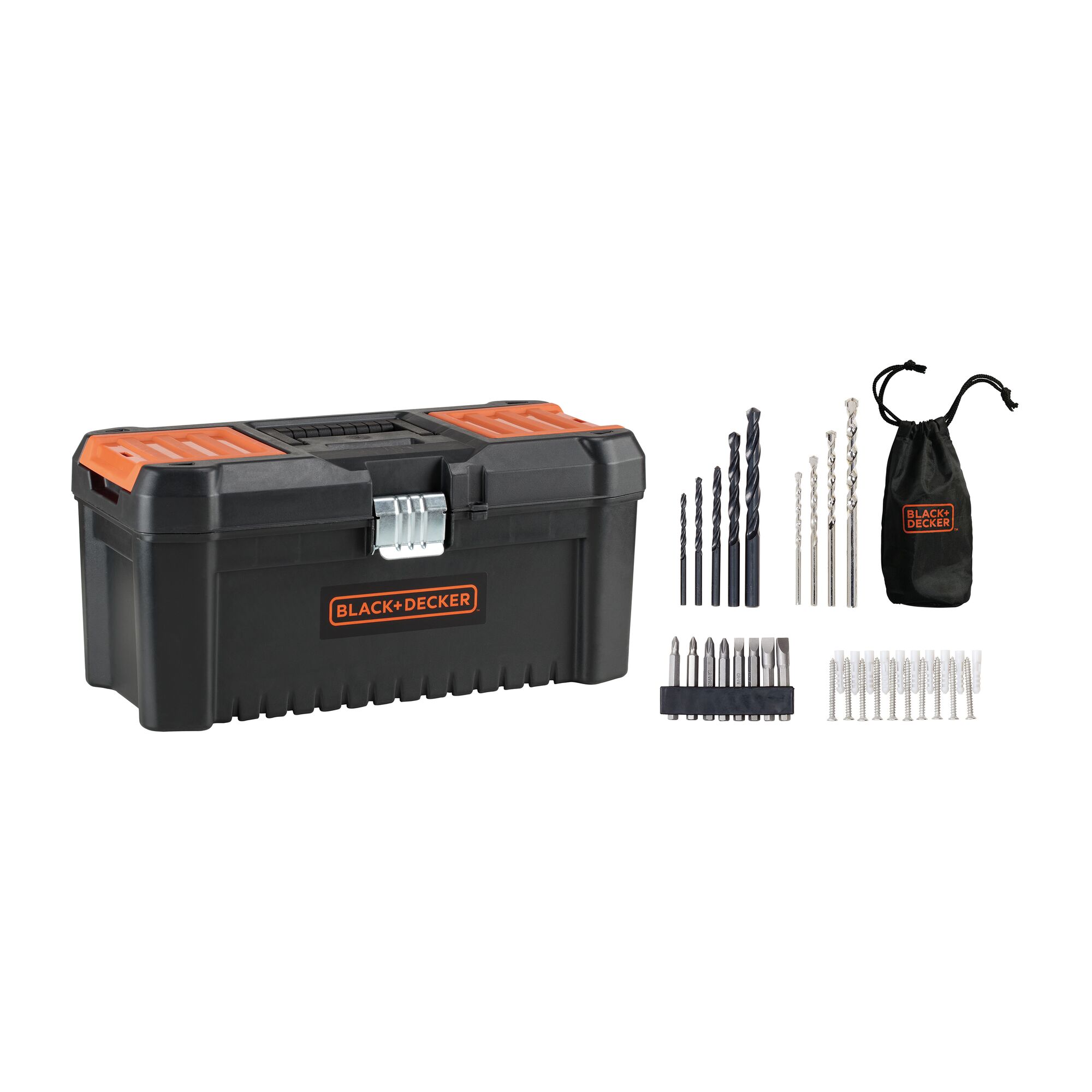 BLACK+DECKER TP555KPR toolbox set with black and orange box, drill bits, screw bits, wall plugs, and carrying pouch, front angle.