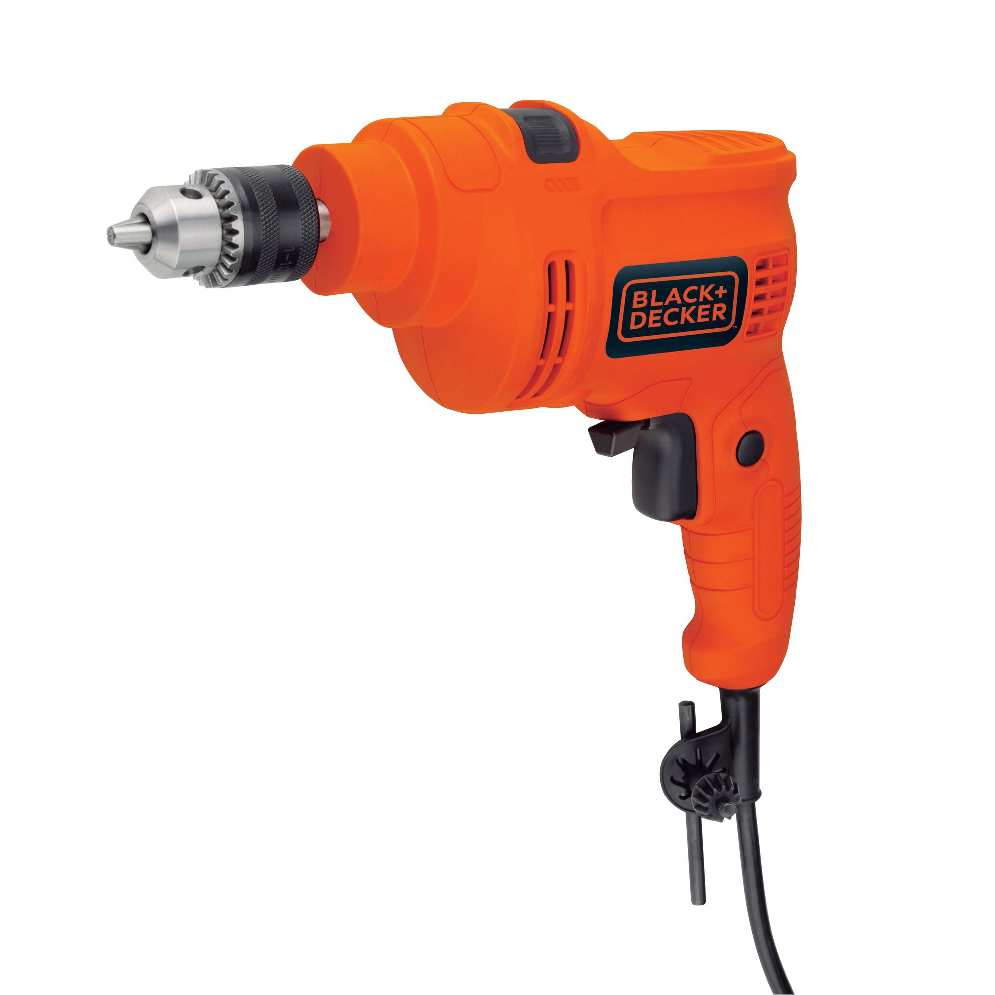 BLACKDECKER TP555K orange corded electric drill, side angle, with chuck and key visible.