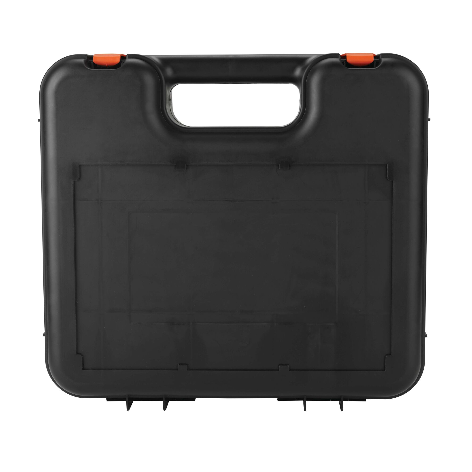 BLACKDECKER TP555K black hard plastic tool case front angle, orange latches, photography asset.