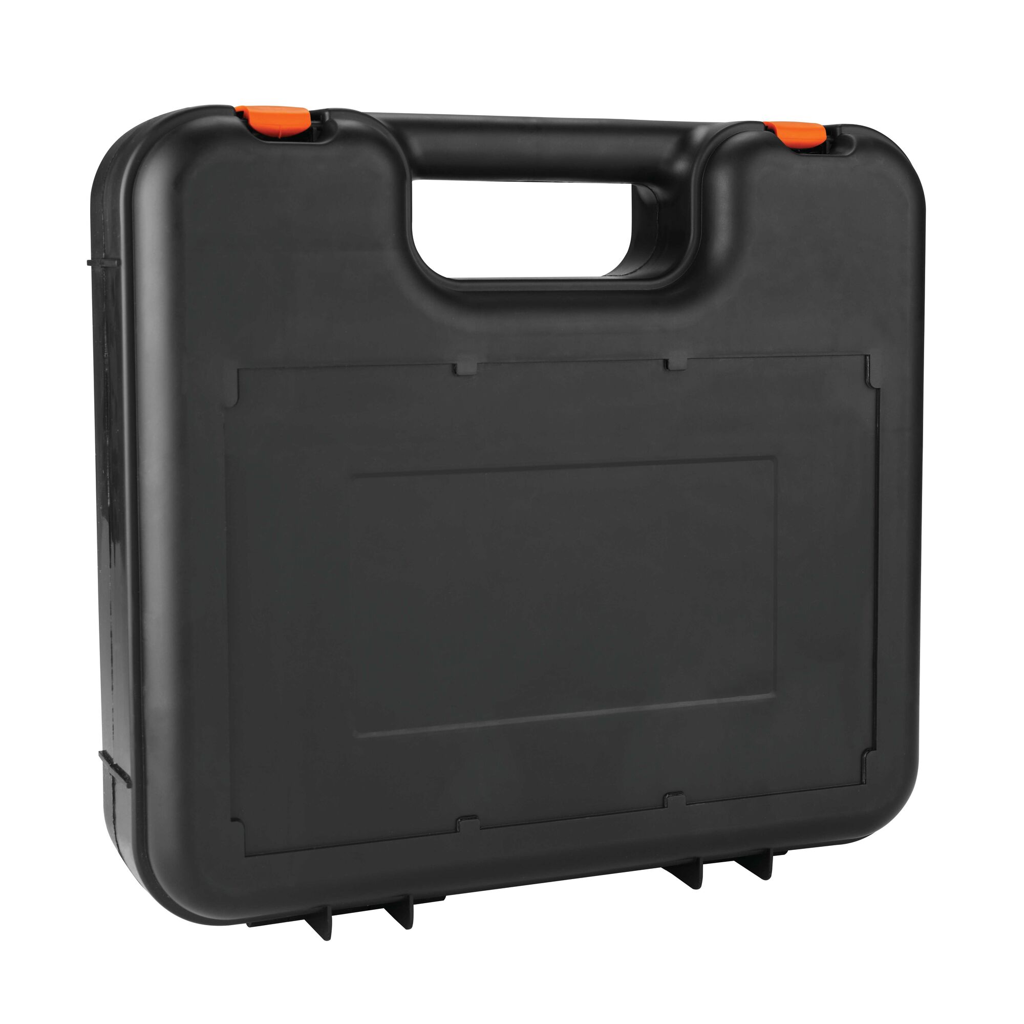 BLACKDECKER TP555K black plastic tool case with orange latches, front angle, on white background.