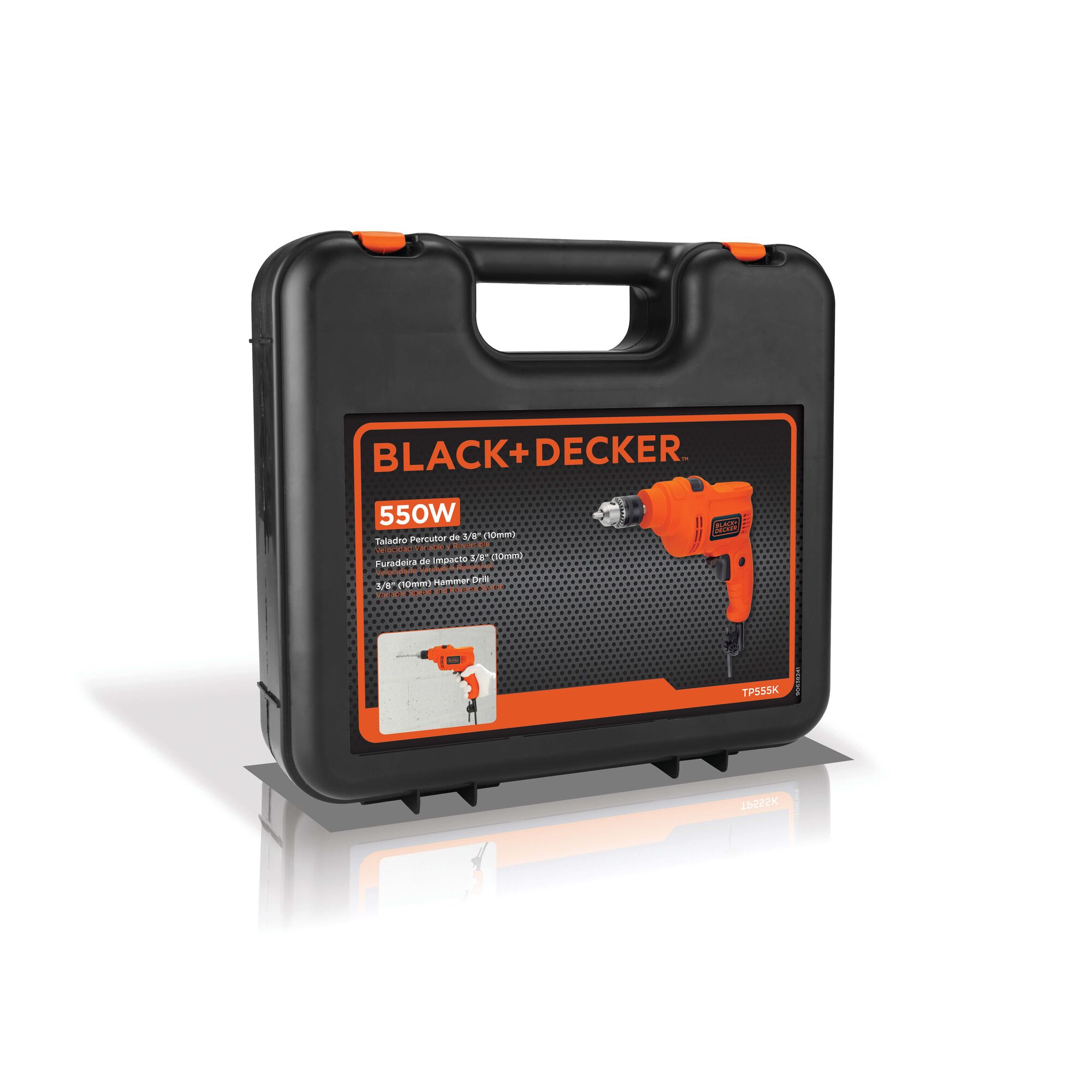 Photo of BLACK+DECKER TP555K 550W hammer drill kit in black case, front angle, product label visible.