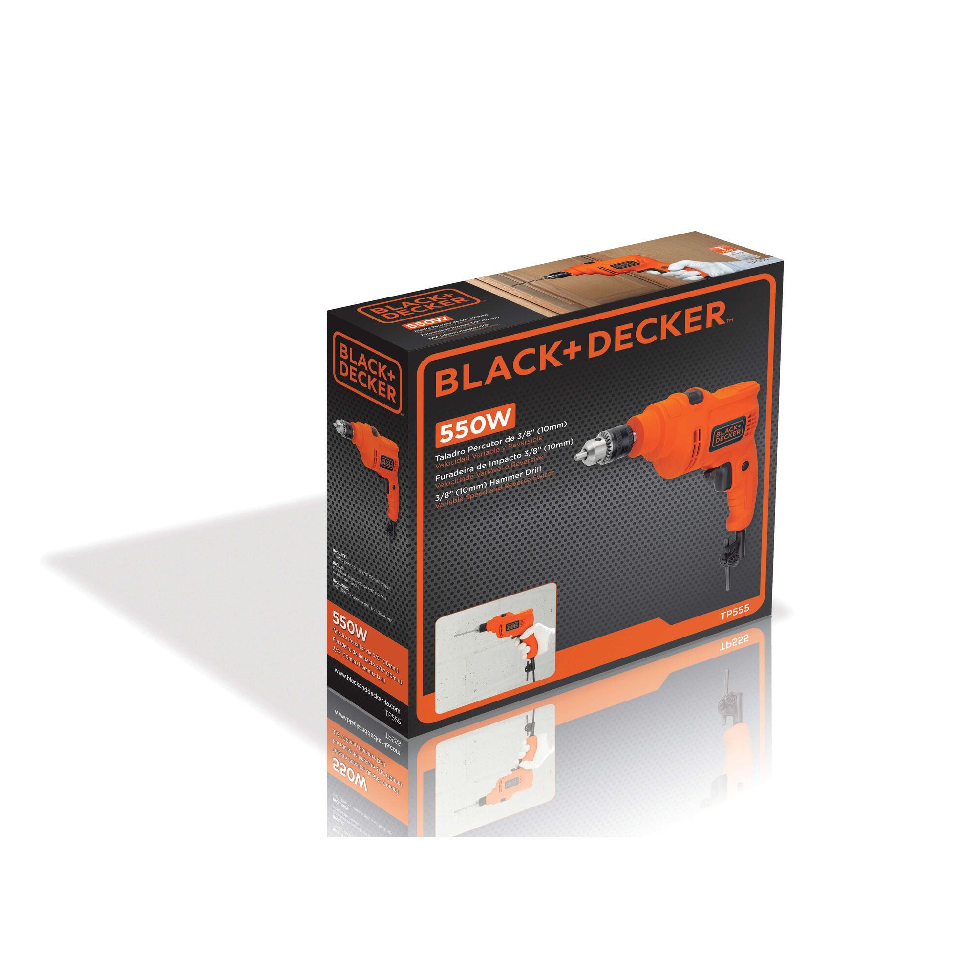 BLACK+DECKER TP555 hammer drill box, 550W, orange, front angle on white background.