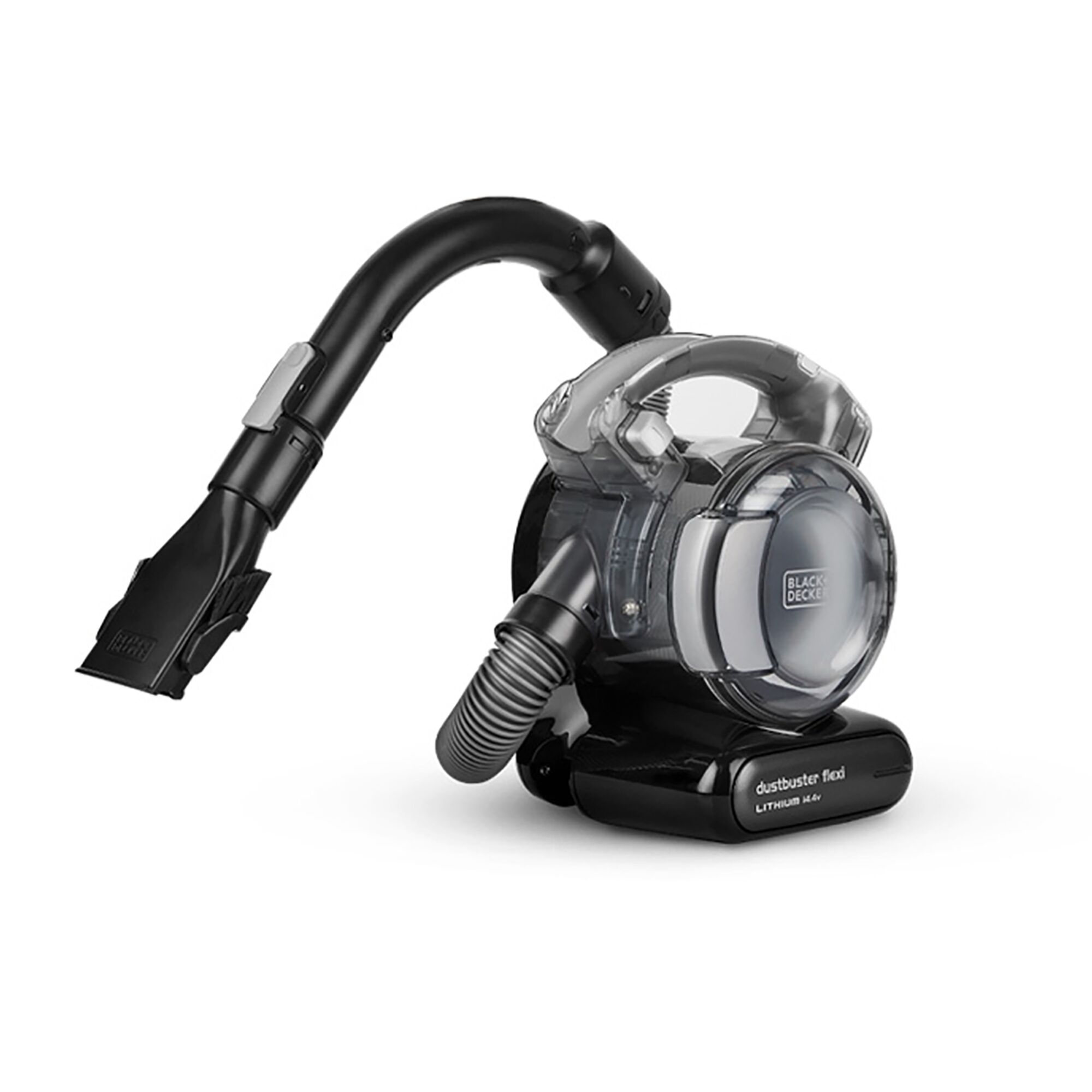 A BLACK+DECKER Dustbuster Flexi handheld vacuum cleaner with a flexible hose and nozzle attachment, designed for portable cleaning.