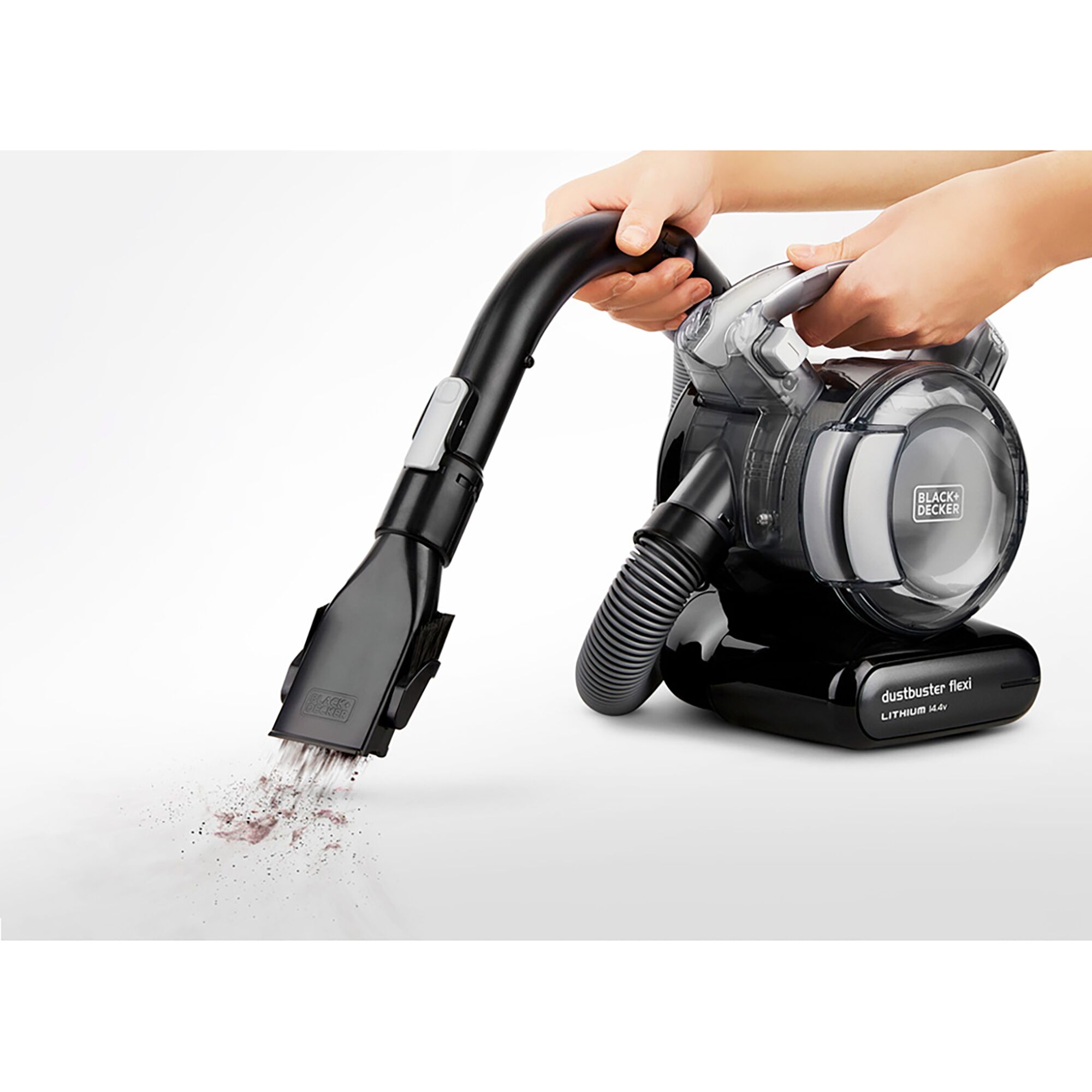 BLACKDECKER TPD1420BK-KR handheld vacuum cleaner with hose cleaning dust, front angle.