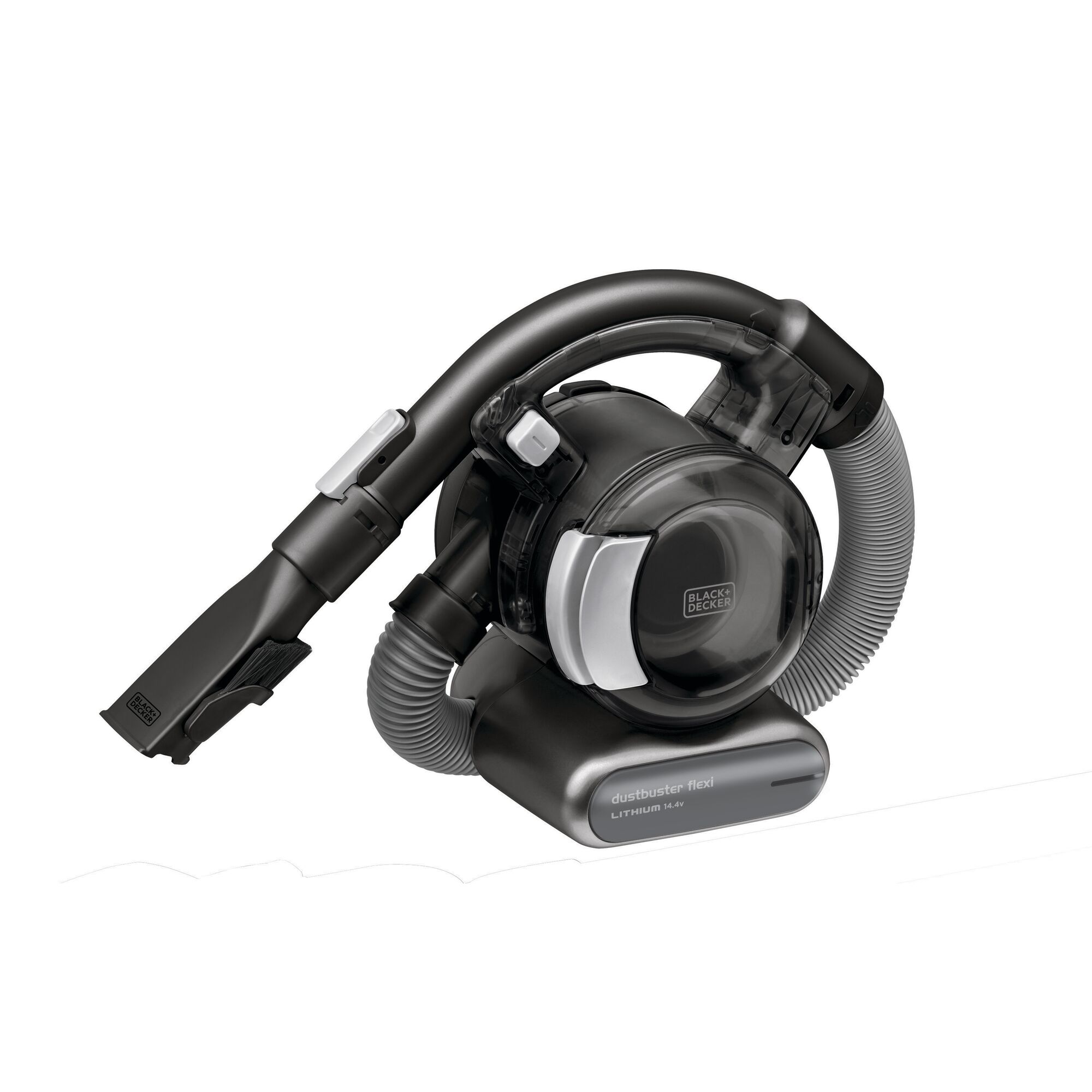 BLACKDECKER TPD1420BOFL portable handheld vacuum cleaner, black and gray, side angle on white background.
